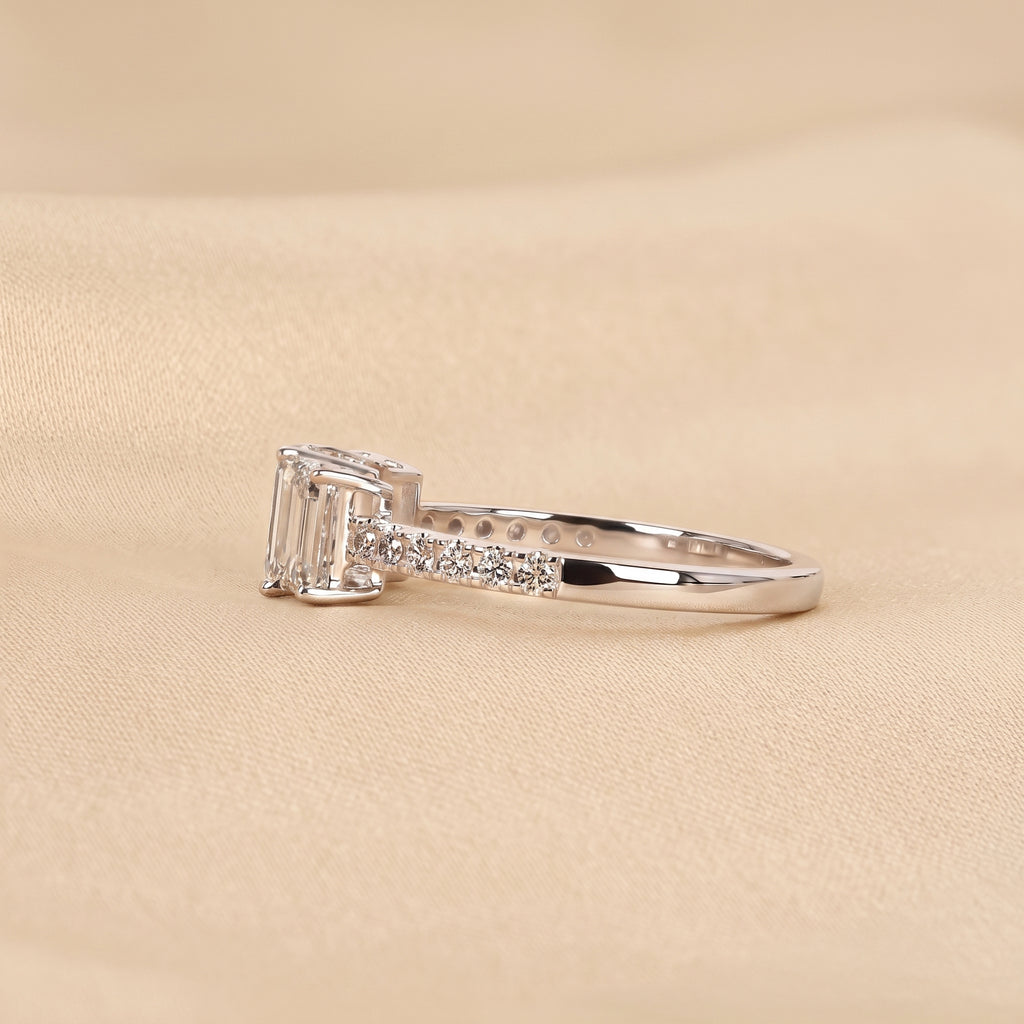 Emerald & Round Lab Grown Diamond Three-Stone Ring in 14K White Gold 1.65 CTW