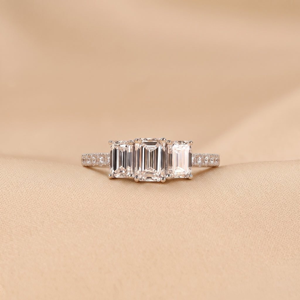 Emerald & Round Lab Grown Diamond Three-Stone Ring in 14K White Gold 1.65 CTW