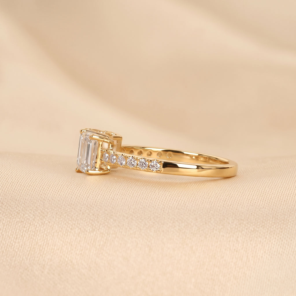 Emerald & Round Lab Grown Diamond Three-Stone Ring in 14K Yellow Gold 1.65 CTW