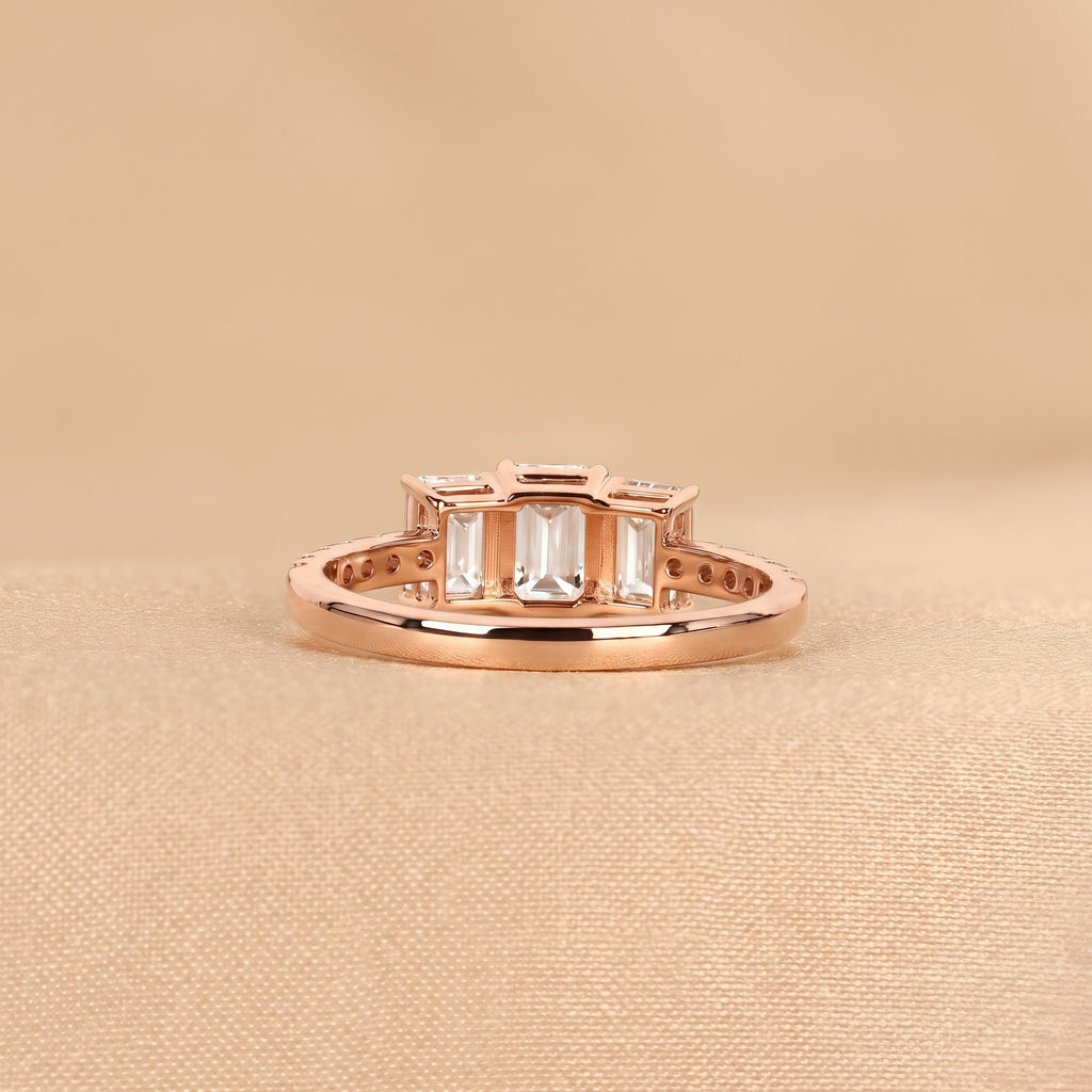 Emerald & Round Lab Grown Diamond Three-Stone Ring in 18K Rose Gold 1.65 CTW