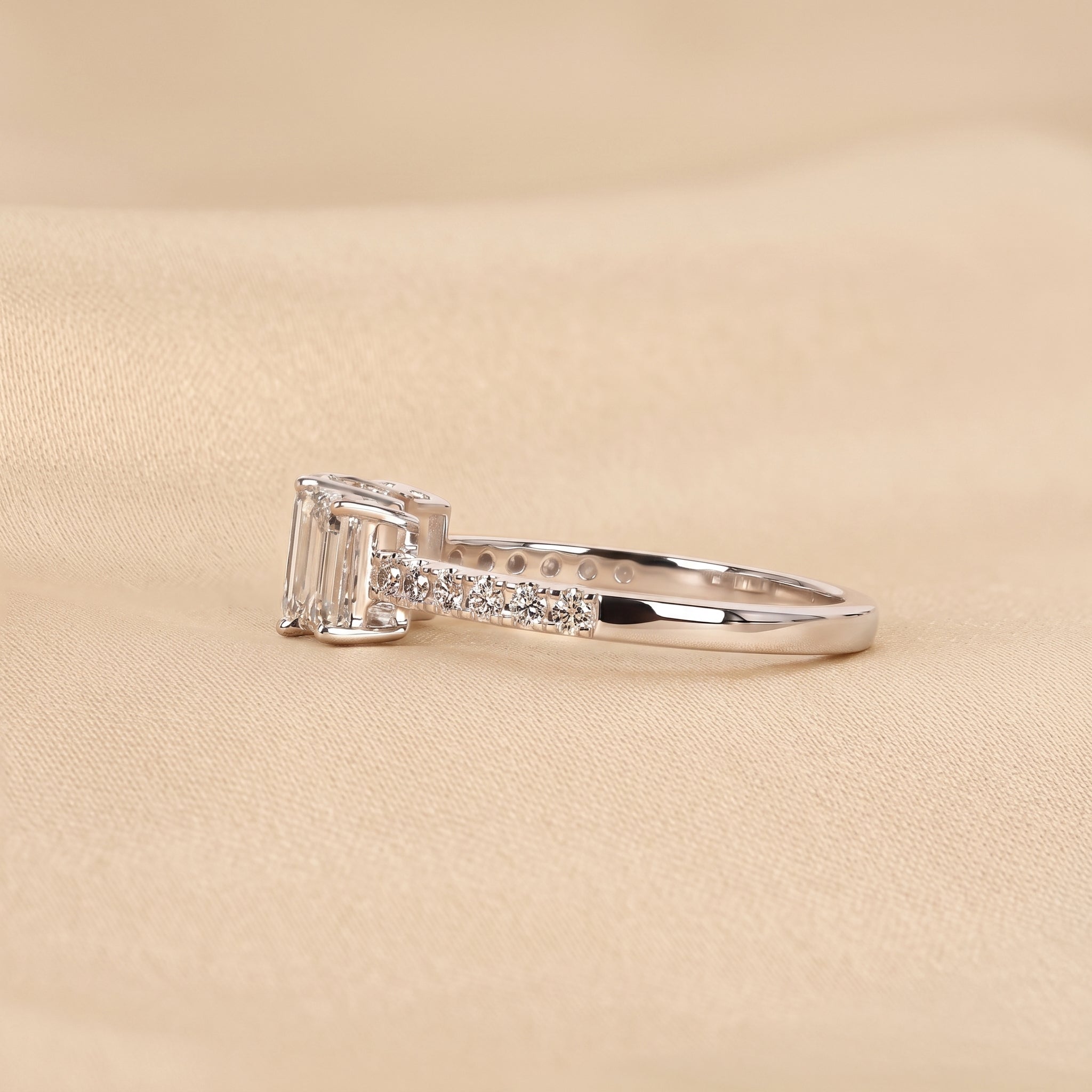 Emerald & Round Lab Grown Diamond Three-Stone Ring in 18K White Gold 1.65 CTW