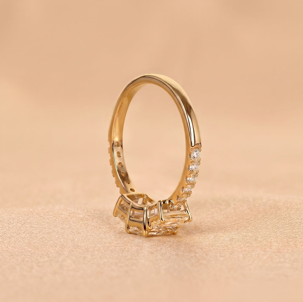 Emerald & Round Lab Grown Diamond Three-Stone Ring in 18K Yellow Gold 1.65 CTW
