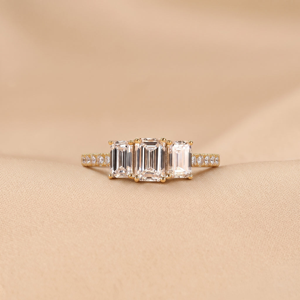 Emerald & Round Lab Grown Diamond Three-Stone Ring in 18K Yellow Gold 1.65 CTW