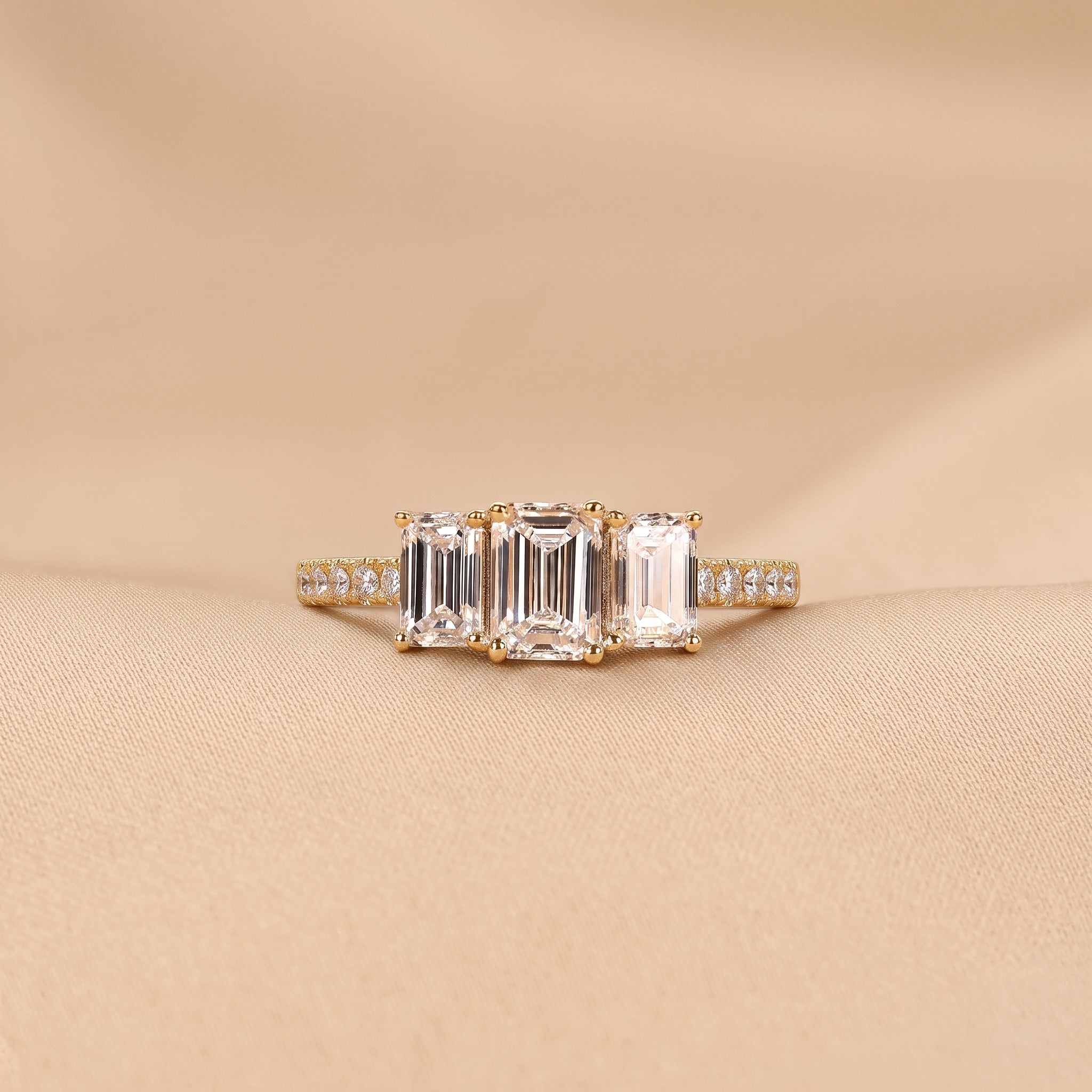 Emerald & Round Lab Grown Diamond Three-Stone Ring in 18K Yellow Gold 1.65 CTW
