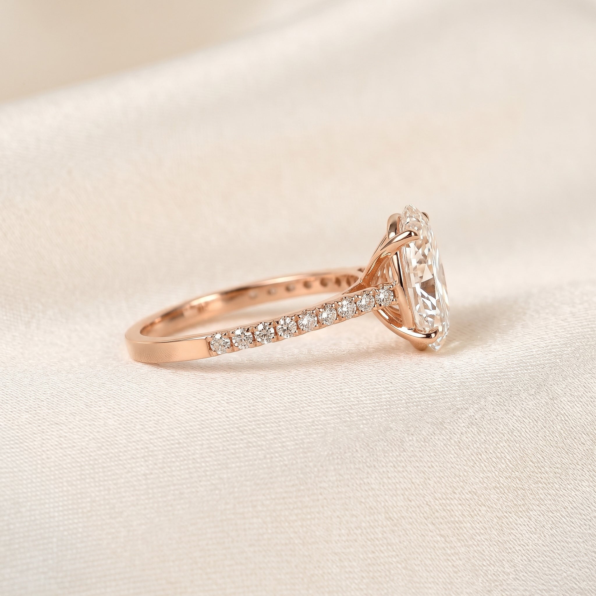 Engagement Ring With Oval & Round Cut Solitaire 14K Rose Gold 3.32 CTW