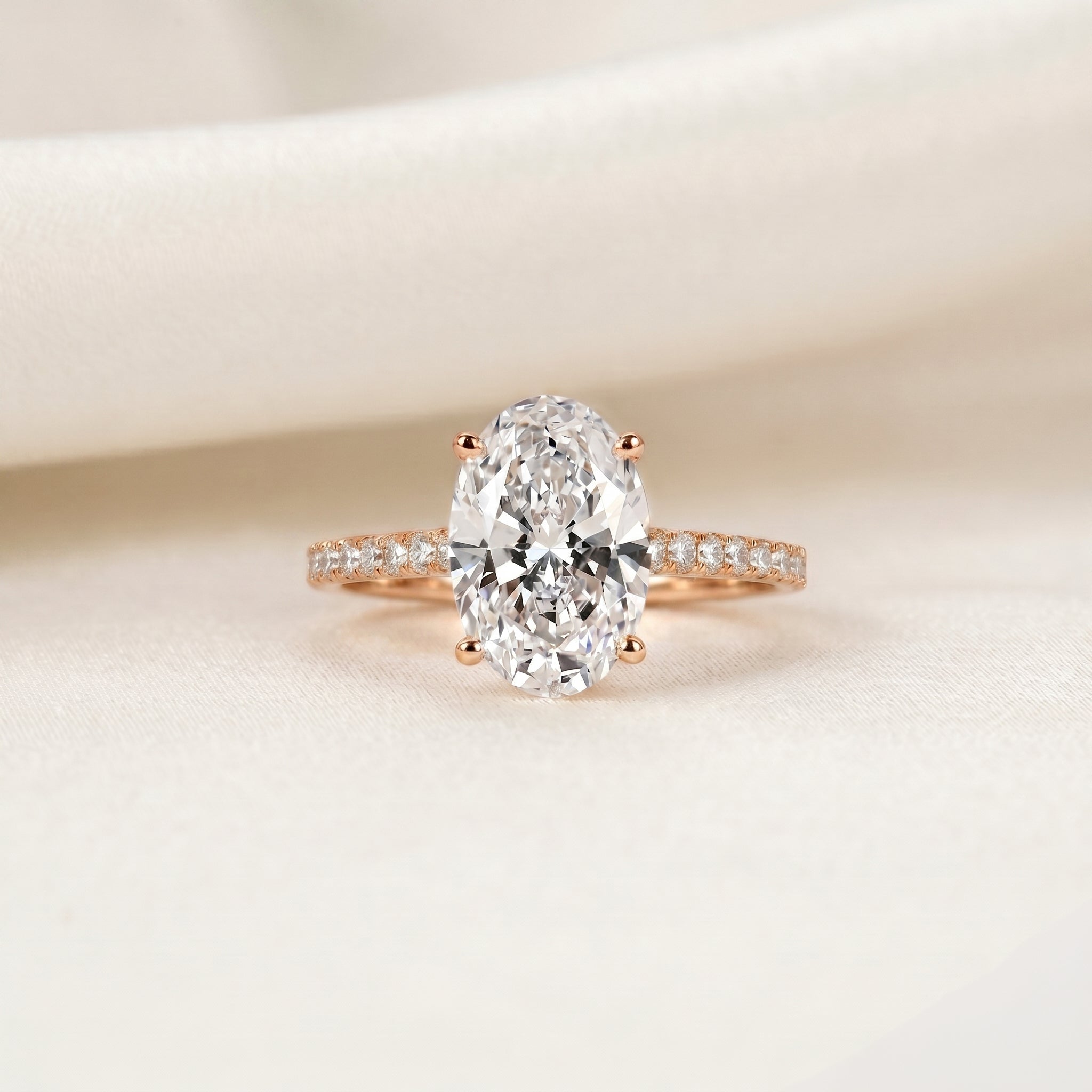 Engagement Ring With Oval & Round Cut Solitaire 14K Rose Gold 3.32 CTW