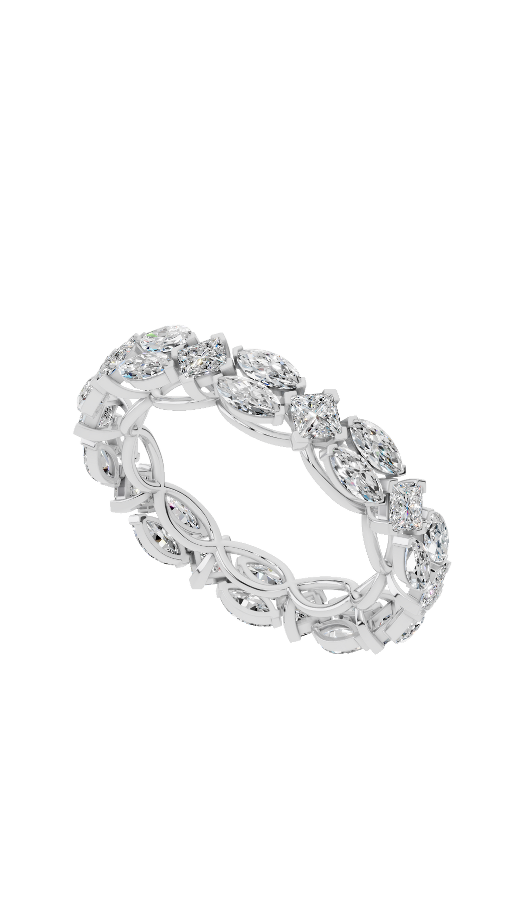 Top view of eternity infinity ring with princess and east west marquise lab grown diamonds in sterling silver