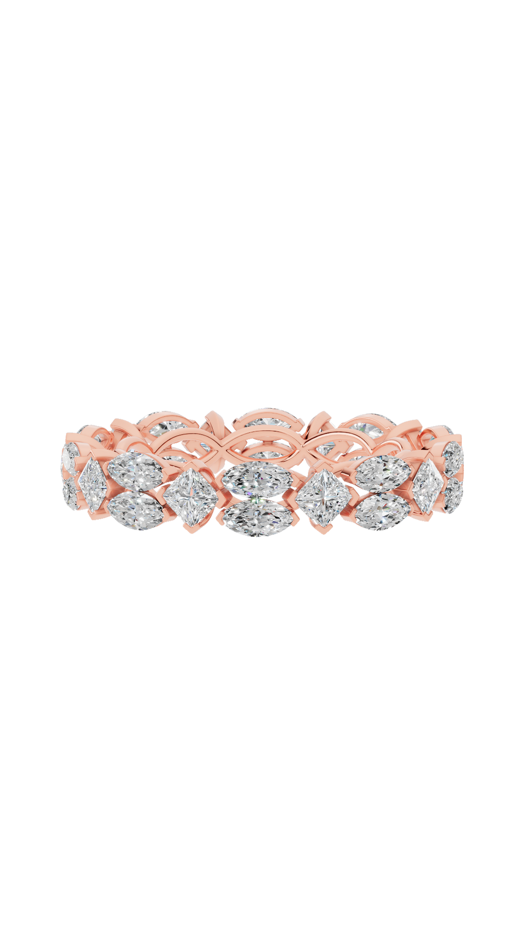 Infinity eternity wedding ring with princess and east west marquise lab grown diamonds in 10K rose gold 3.23 CTW