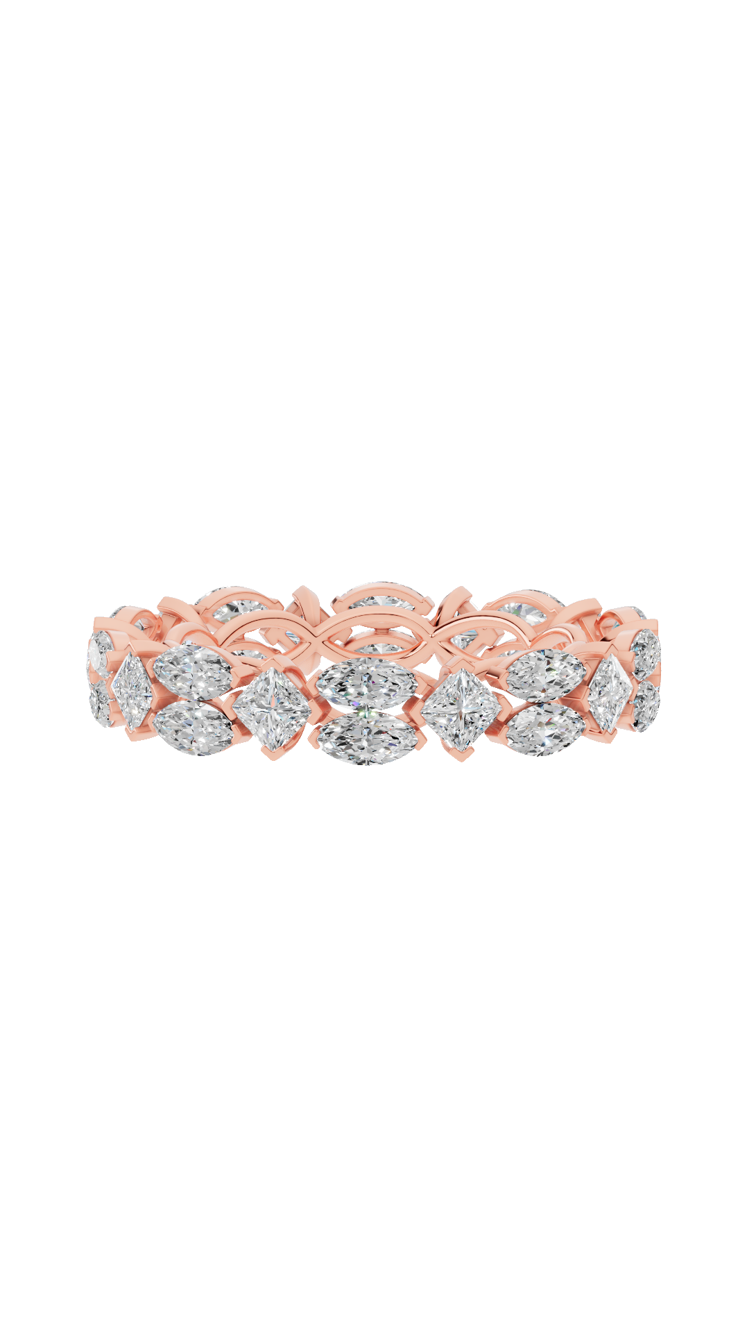 Infinity eternity wedding ring with princess and east west marquise lab grown diamonds in 10K rose gold 3.23 CTW
