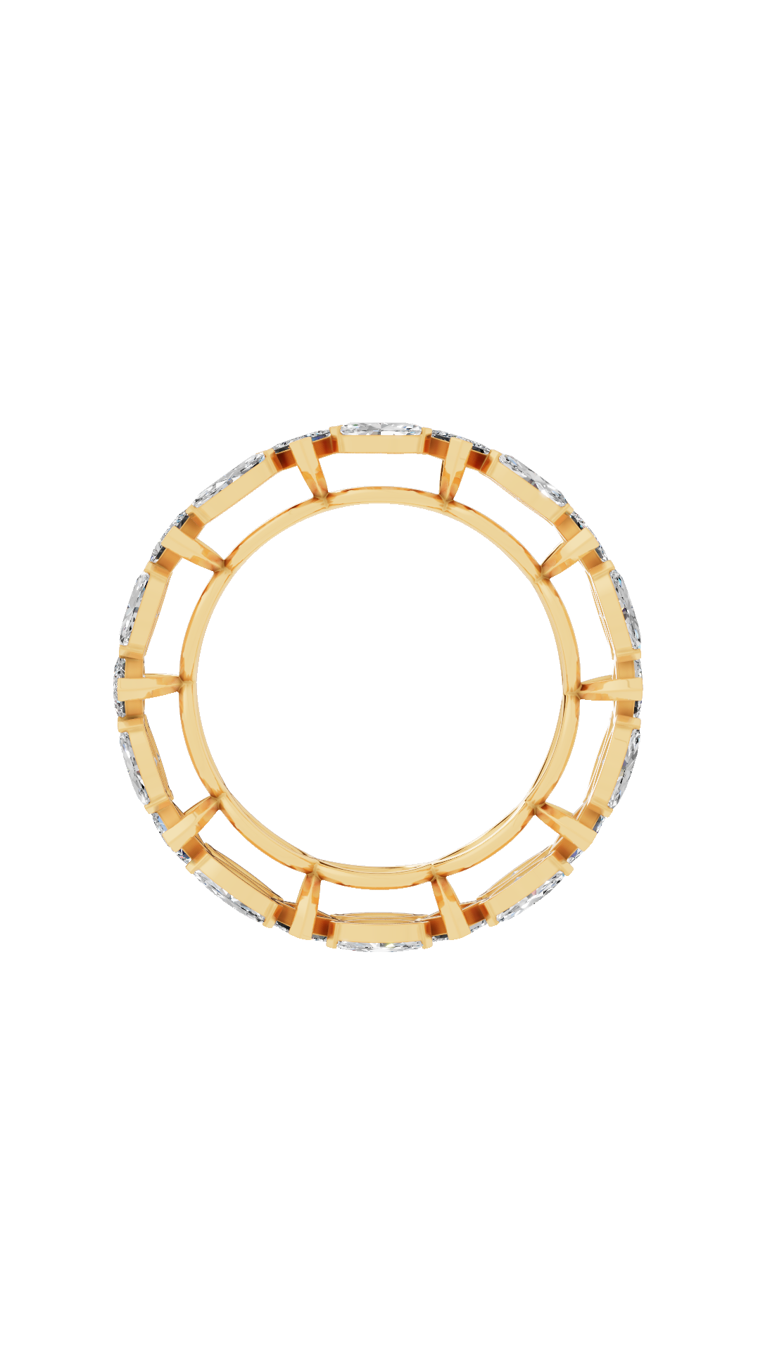Back view of eternity infinity wedding ring band in 10K yellow gold with princess and marquise lab grown diamonds
