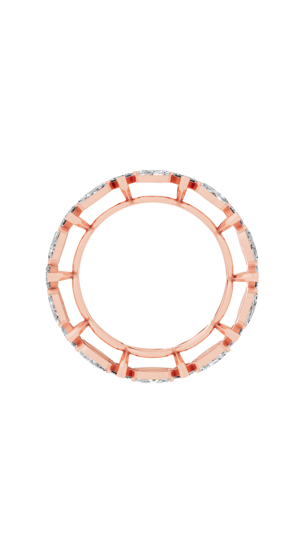Top angle of infinity diamond ring with princess cut and marquise lab grown diamonds in 14K rose gold