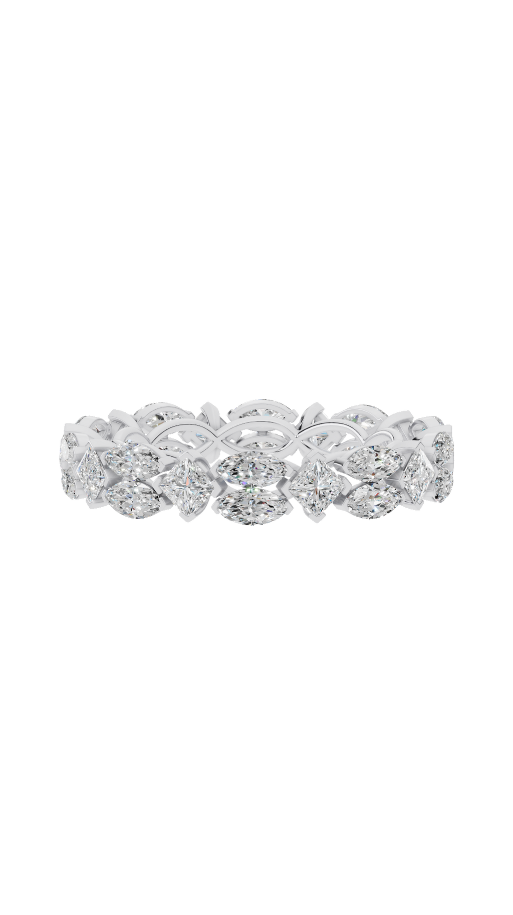 Infinity eternity wedding ring with princess and east west marquise lab grown diamonds in 14K white gold 3.23 CTW