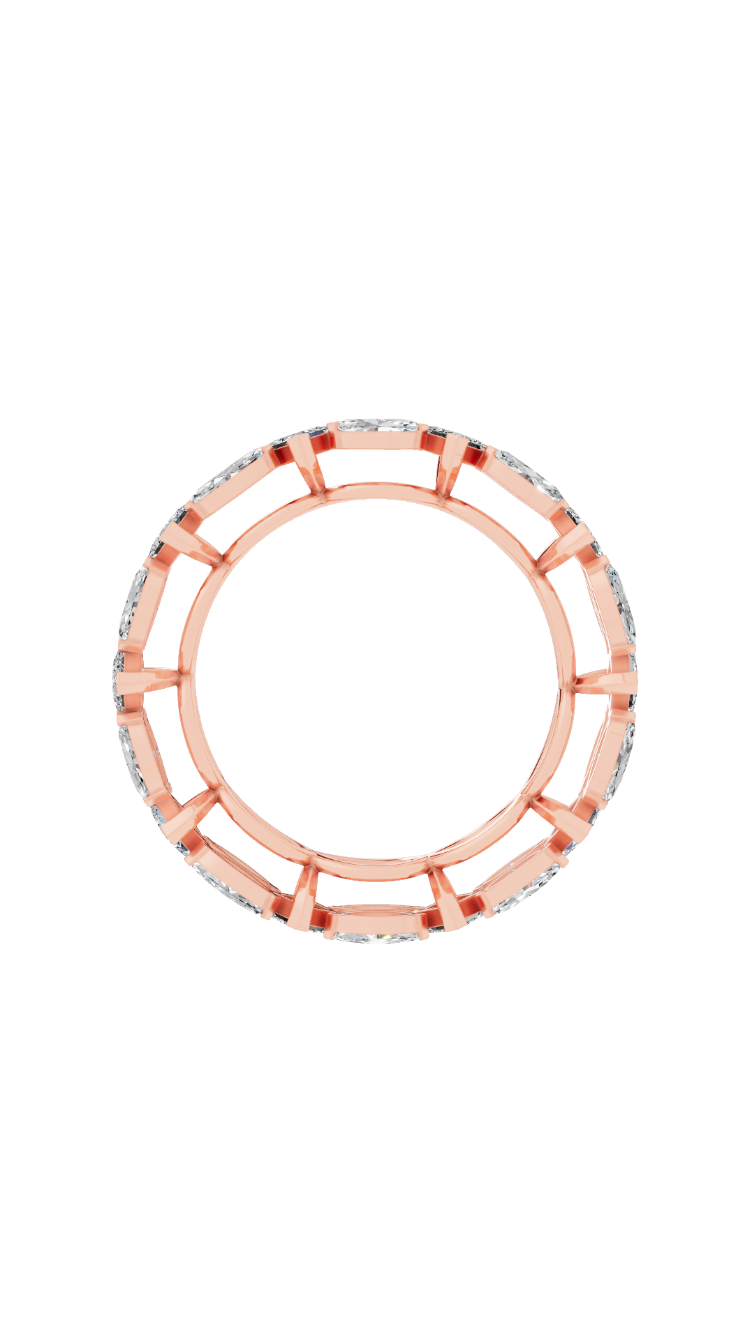 Band view of eternity infinity ring in 18K rose gold with alternating princess and marquise lab grown diamonds