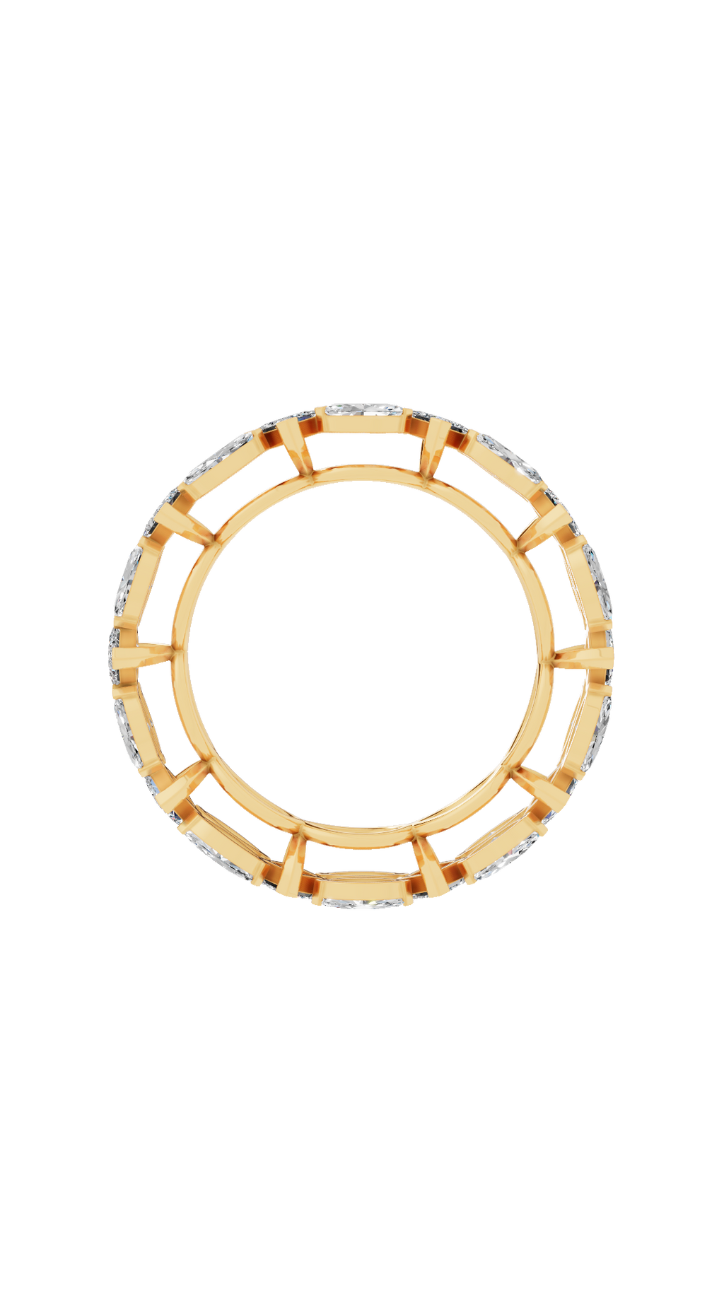 Band view of eternity infinity ring in 18K yellow gold with alternating princess and marquise lab grown diamonds