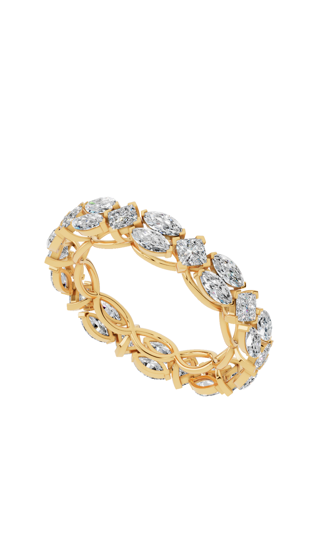 Top angle of infinity diamond ring with princess cut and marquise lab grown diamonds in 18K yellow gold