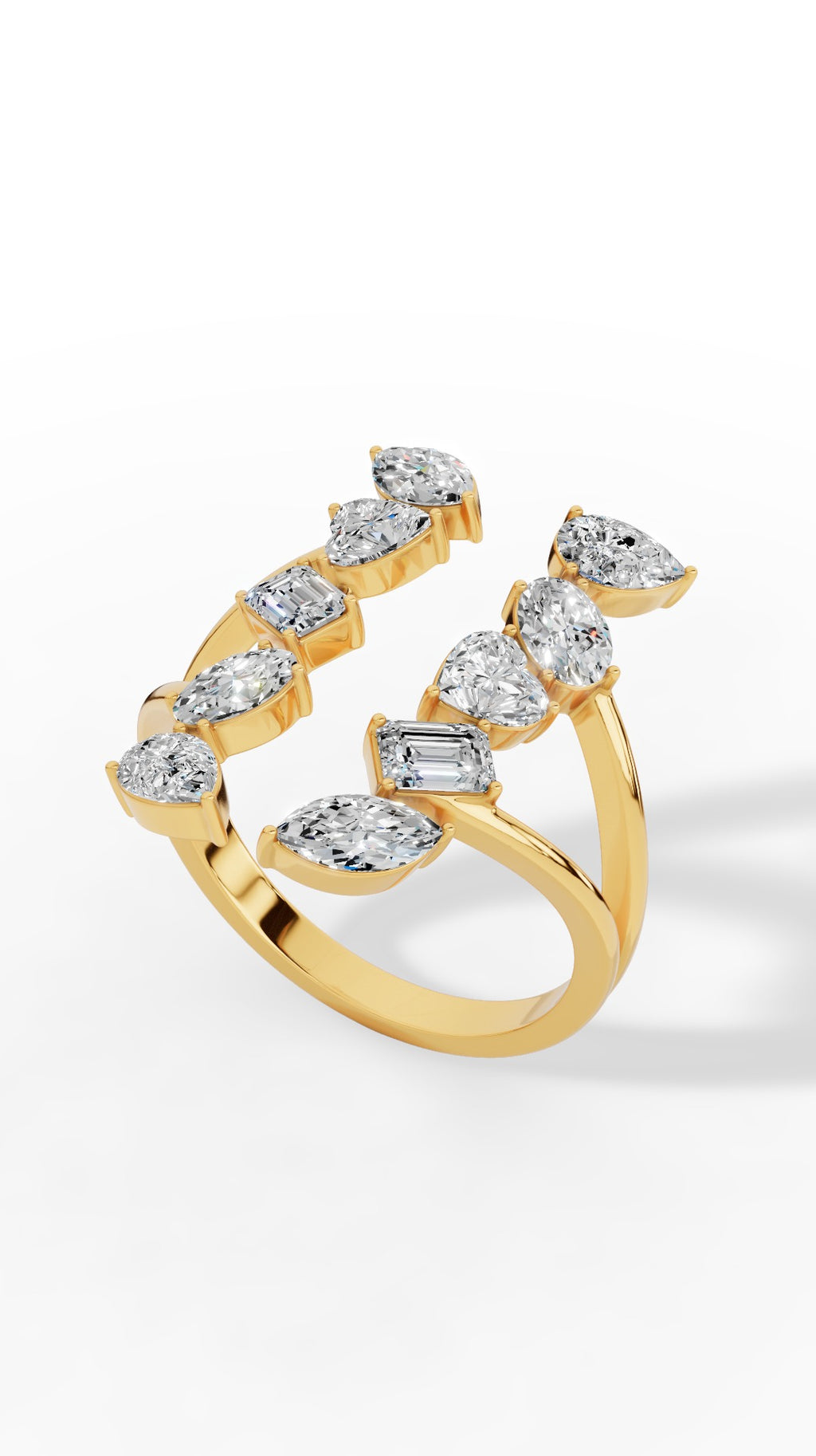 Fancy Branched Multi Cut Open Ring 18K Yellow Gold 1.9 CTW