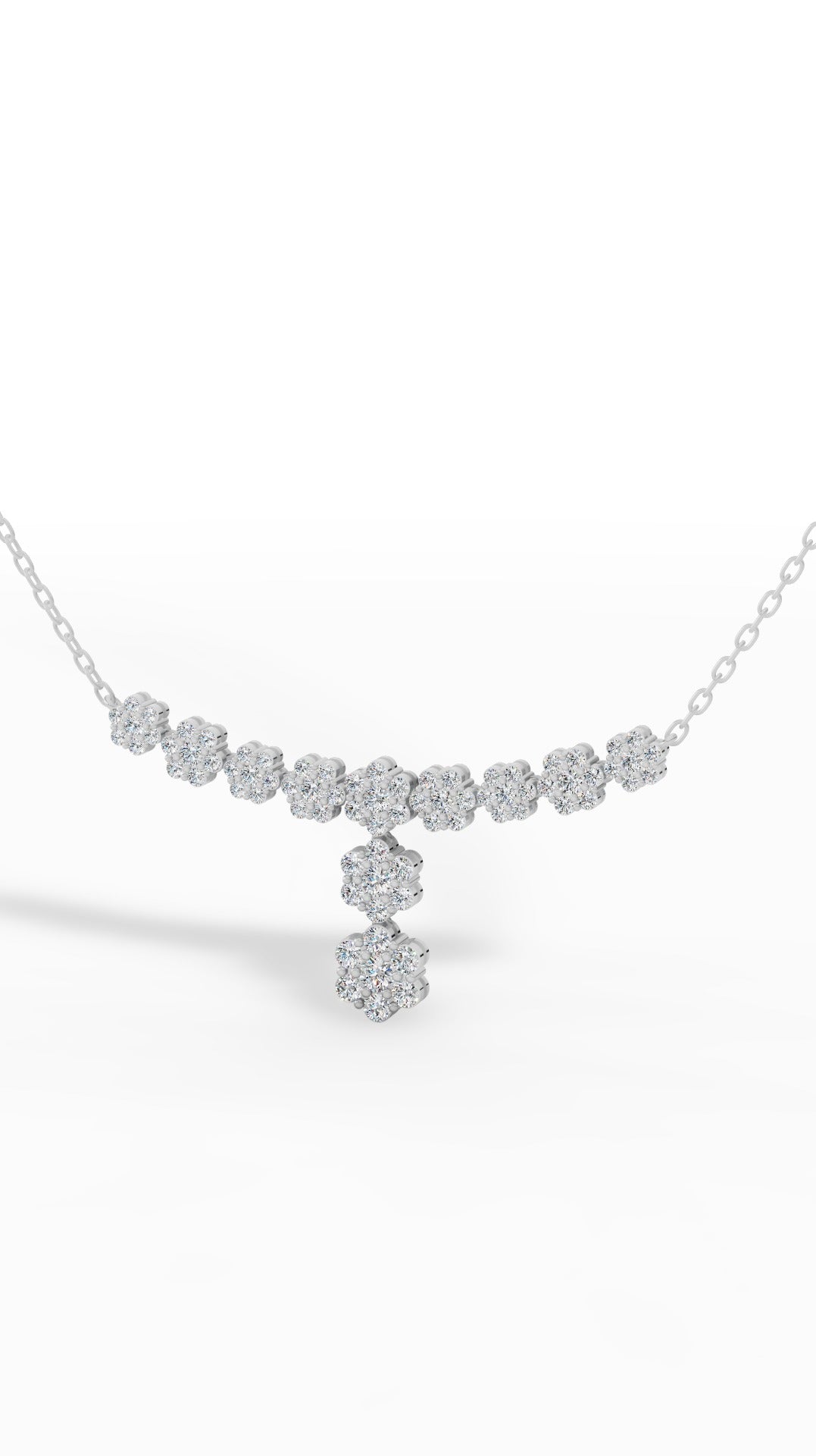 Fancy Cluster Round Cut Necklace in 14K White Gold 2.8 CTW