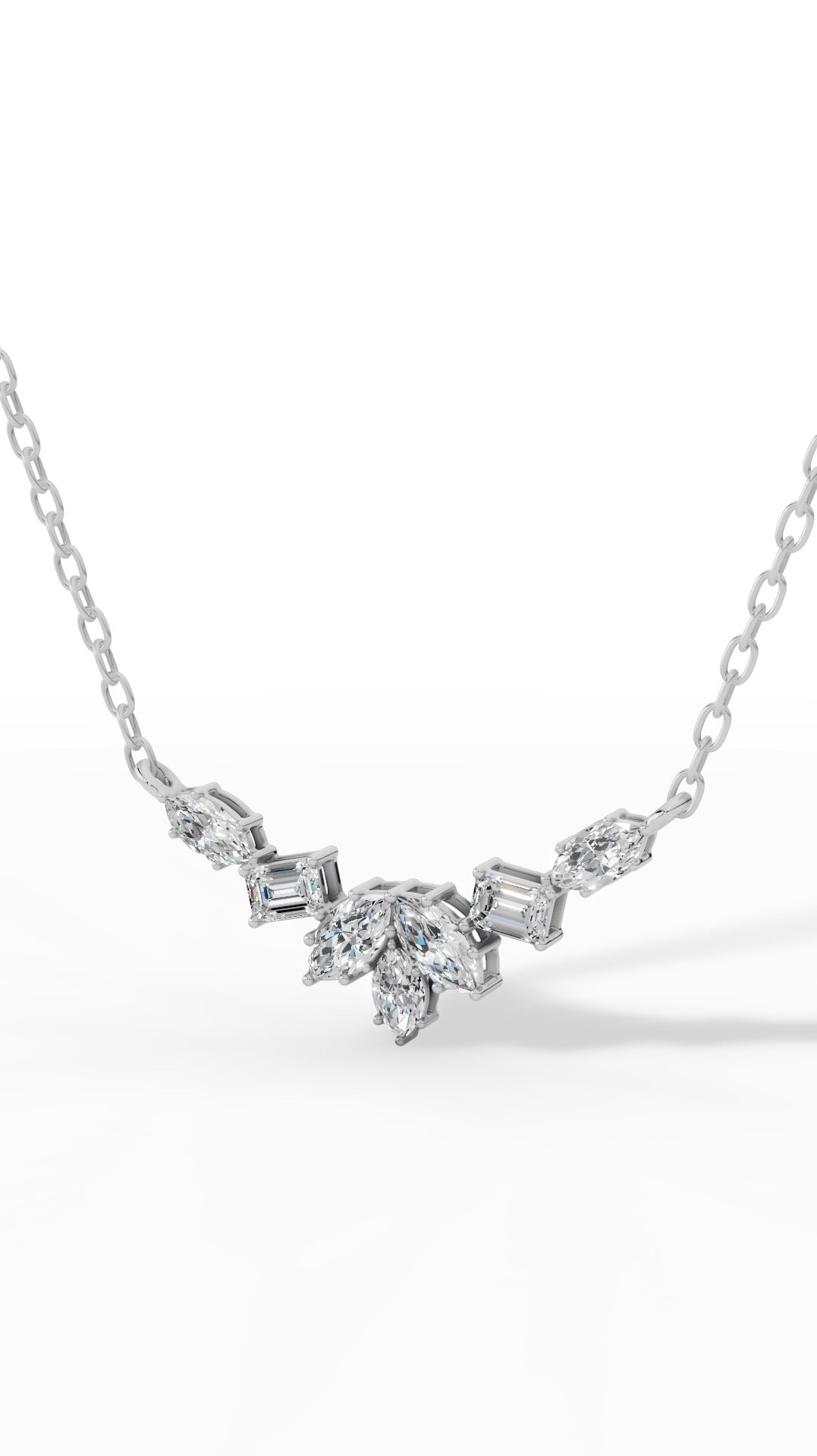 Fancy Leaf Emerald And Marquise Cut Necklace With Chain 18K White Gold 1.6 CTW