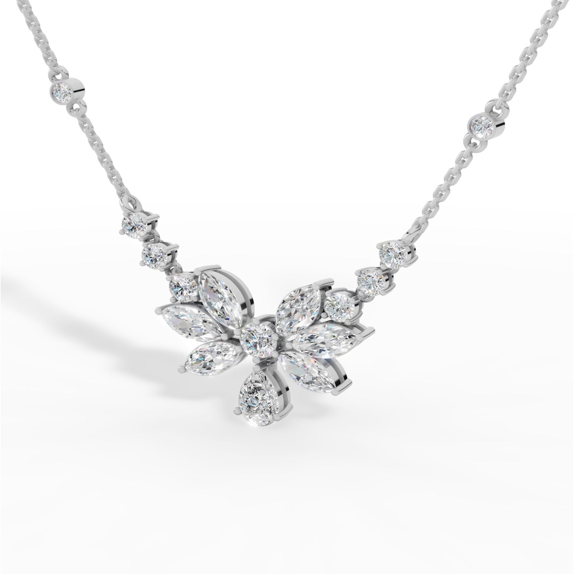 Fancy Shaped Pear And Marquise Cut Necklace With Chain 10K White Gold 2.6 CTW