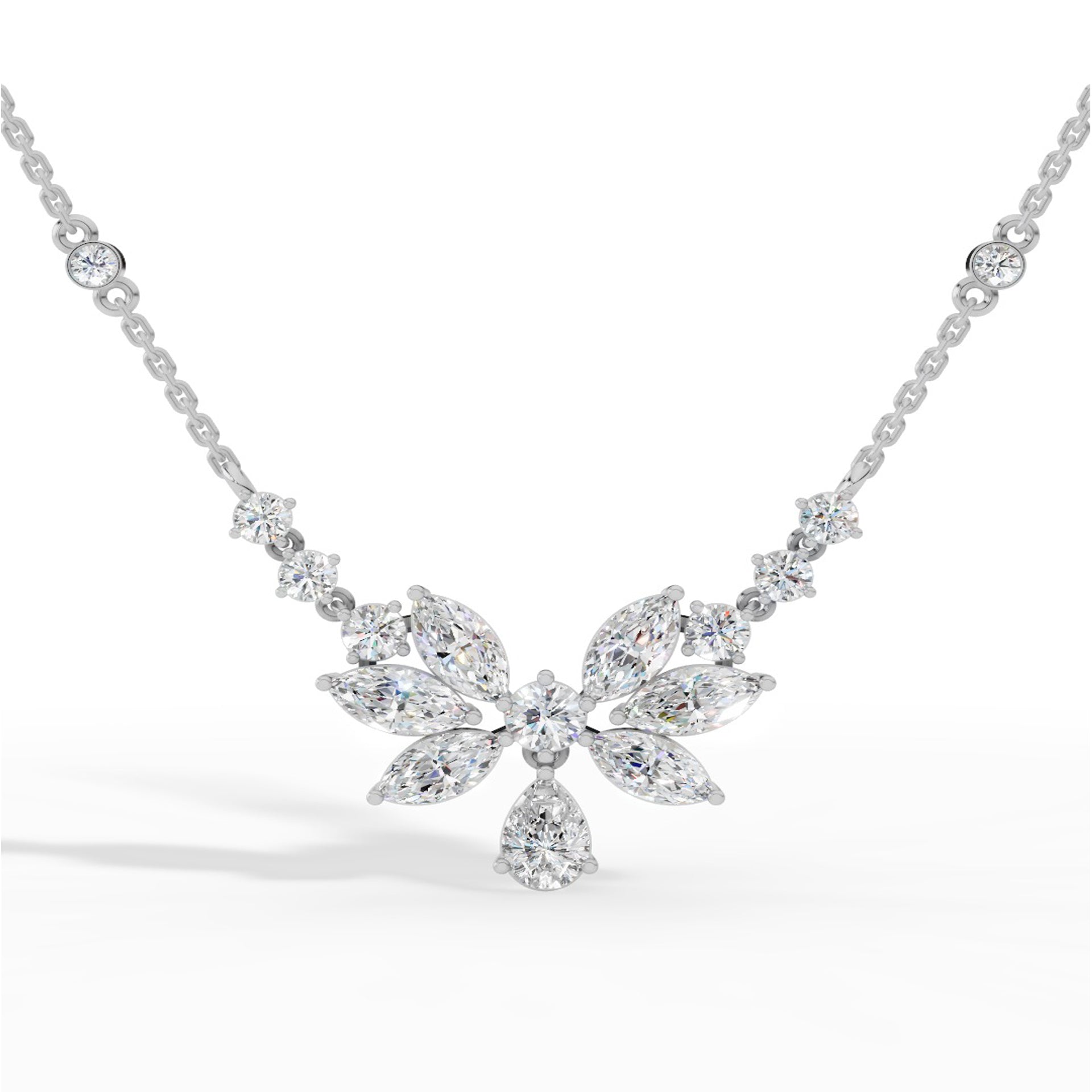 Fancy Shaped Pear And Marquise Cut Necklace With Chain 18K White Gold 2.6 CTW