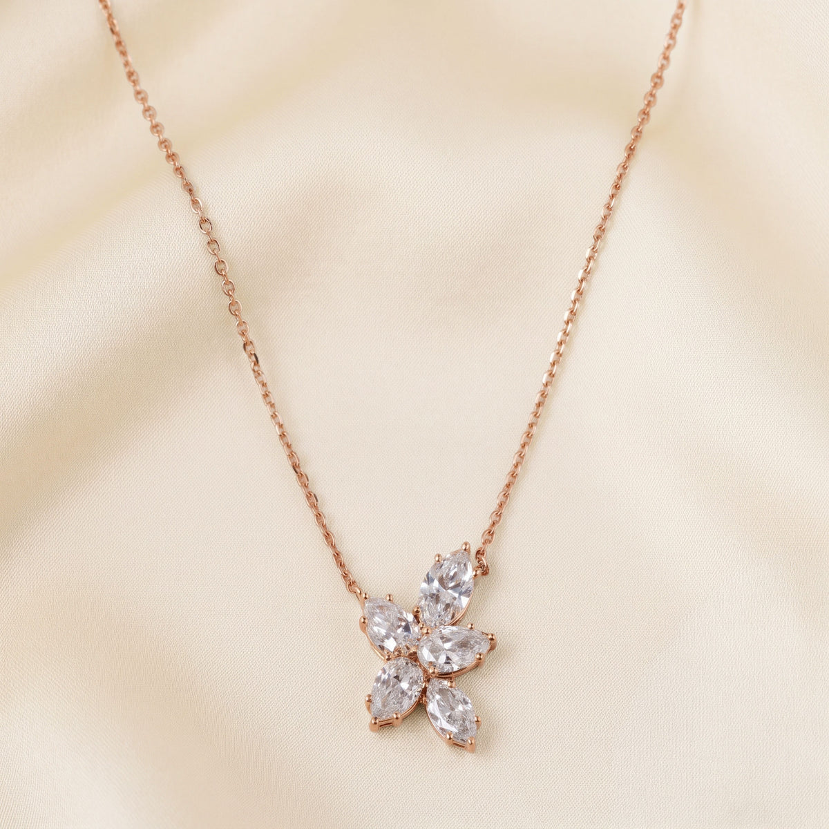 Floral Pear And Marquise Cut Necklace With Chain 10K Rose Gold 1.50 CTW