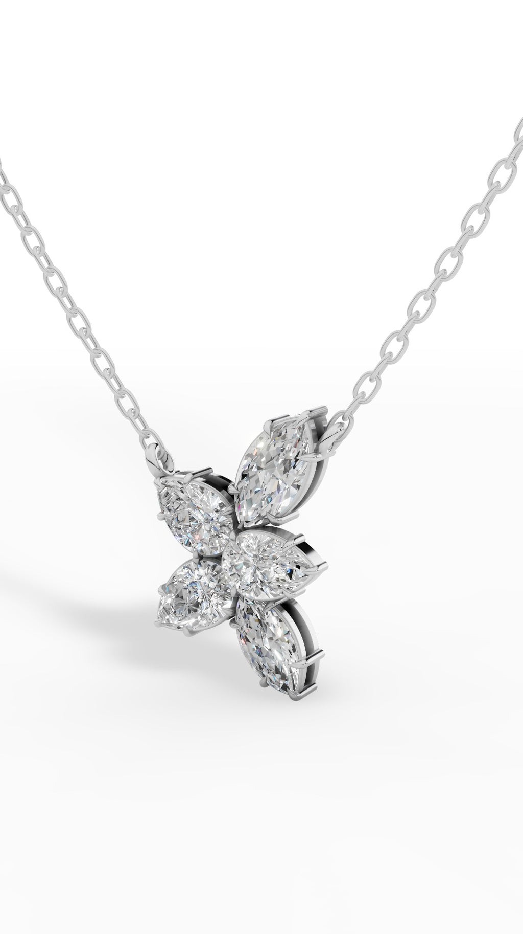 Floral Pear And Marquise Cut Necklace With Chain 10K White Gold 1.7 CTW
