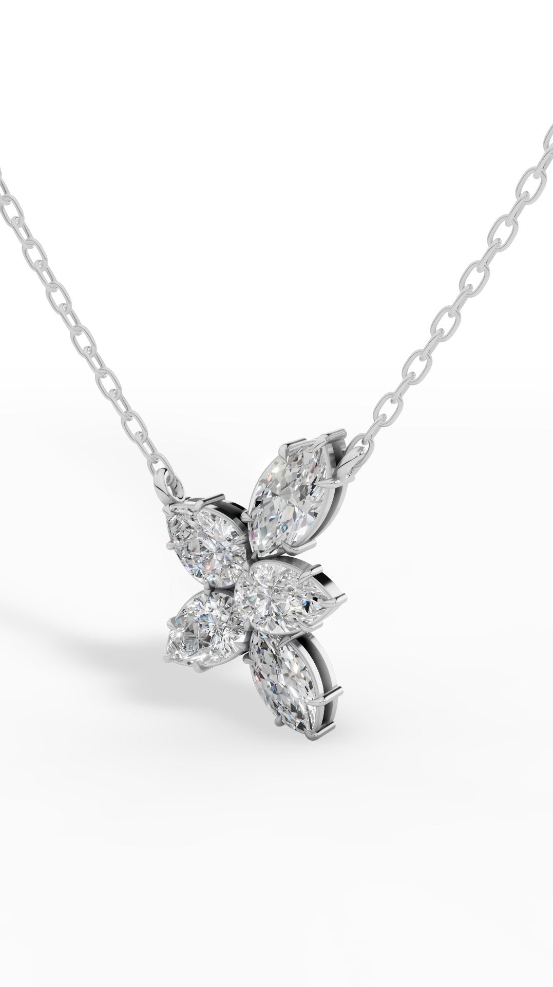Floral Pear And Marquise Cut Necklace With Chain 10K White Gold 1.7 CTW