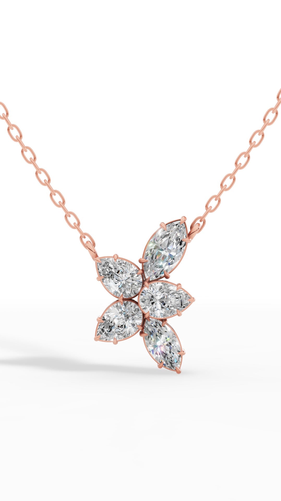 Floral Pear And Marquise Cut Necklace With Chain 14K Rose Gold 1.7 CTW