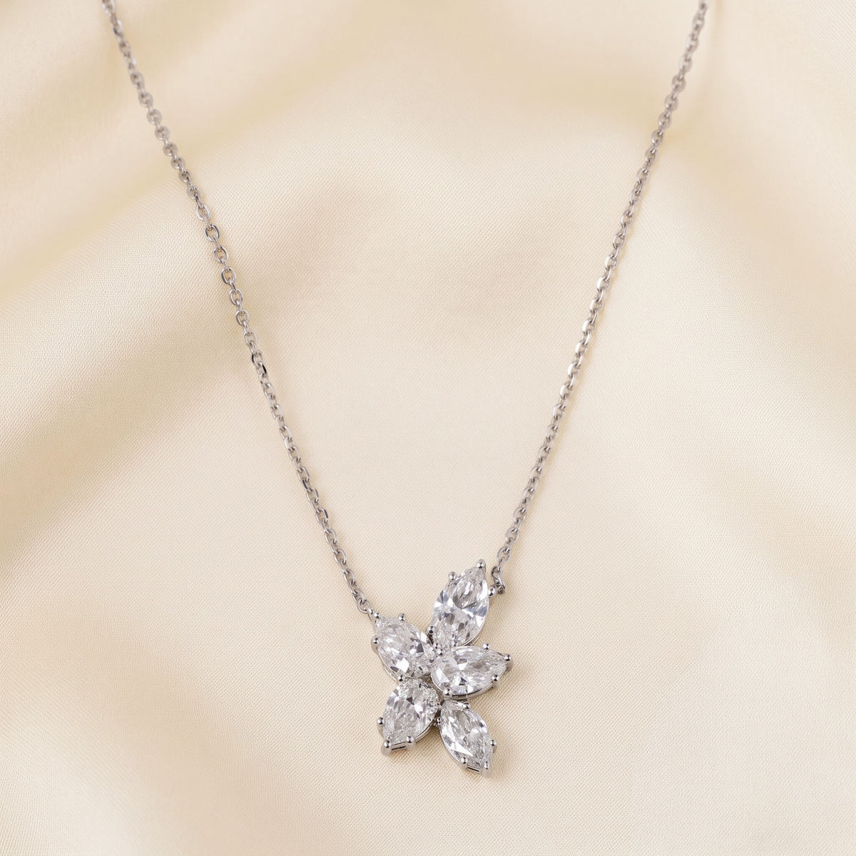 Floral Pear And Marquise Cut Necklace With Chain 14K White Gold 1.50 CTW