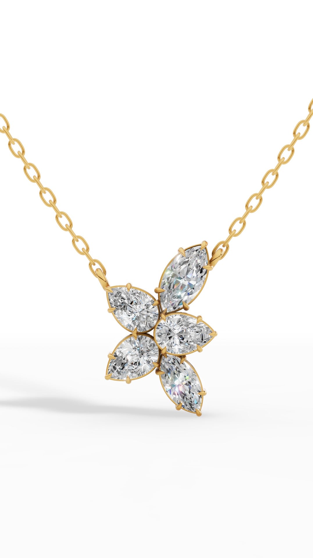 Floral Pear And Marquise Cut Necklace With Chain 14K Yellow Gold 1.7 CTW