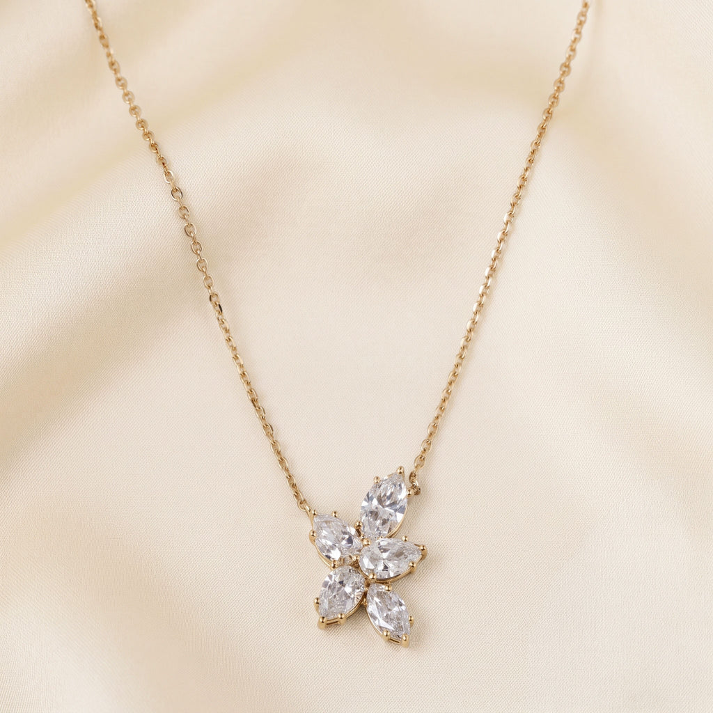 Floral Pear And Marquise Cut Necklace With Chain 14K Yellow Gold 1.50 CTW