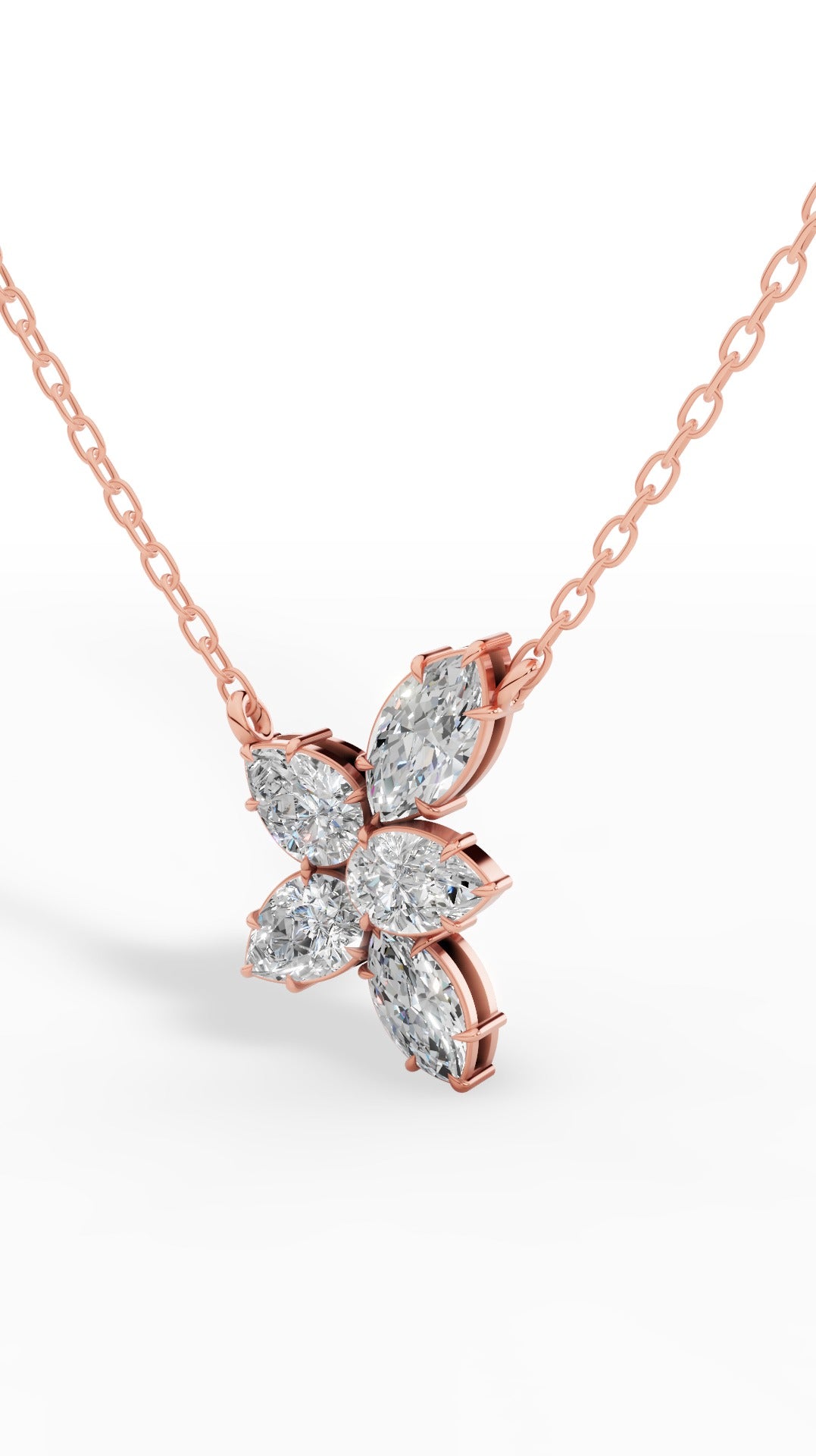 Floral Pear And Marquise Cut Necklace With Chain 18K Rose Gold 1.7 CTW