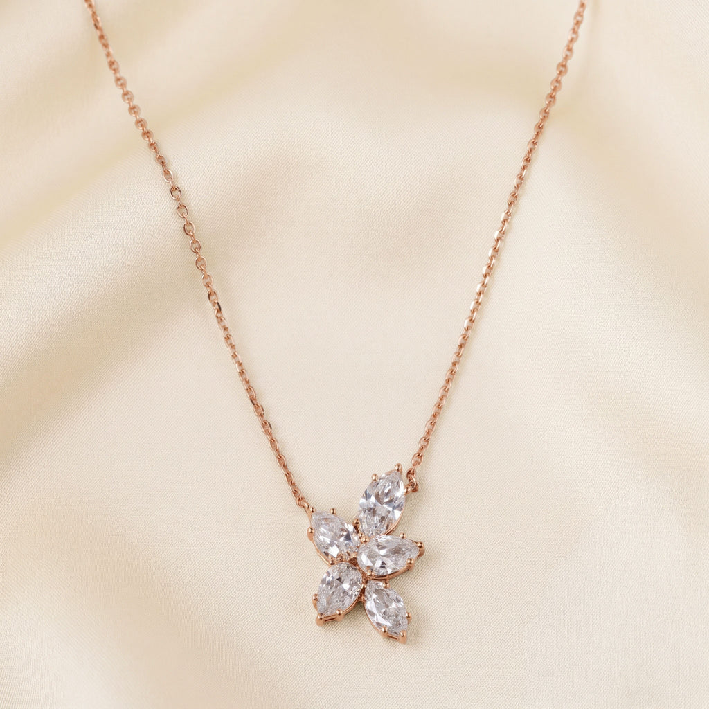 Floral Pear And Marquise Cut Necklace With Chain 18K Rose Gold 1.50 CTW