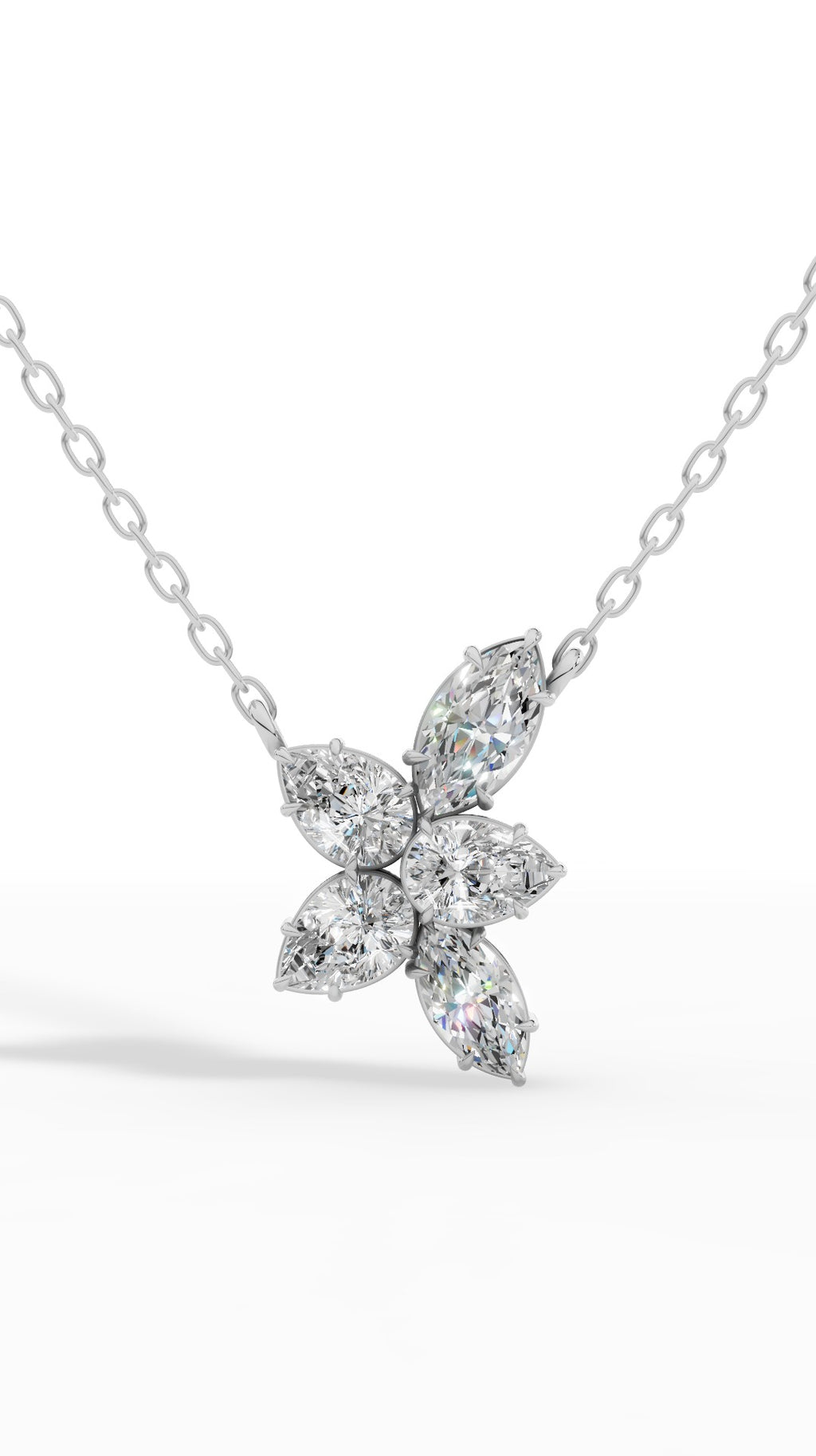 Floral Pear And Marquise Cut Necklace With Chain 18K White Gold 1.7 CTW