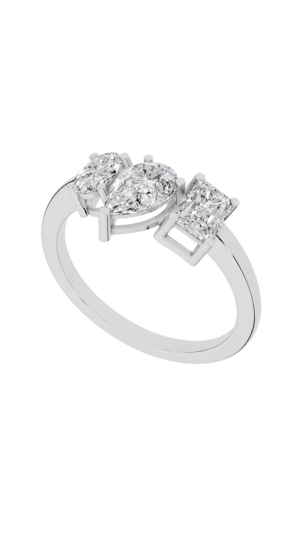 Top view of tri stone diamond ring with oval pear and radiant cut lab grown diamonds in sterling silver