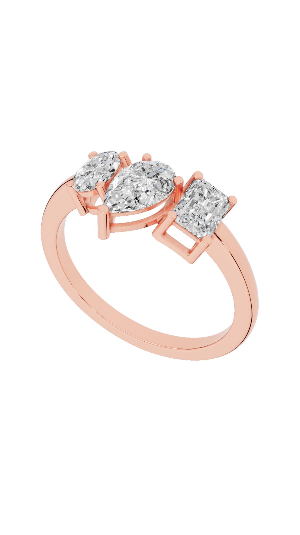 Top angle view of tri stone diamond ring with oval pear and radiant cut lab grown diamonds in 10K rose gold