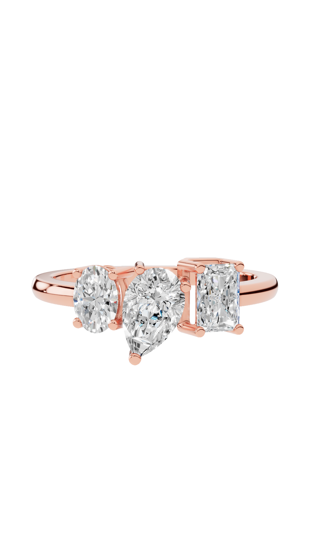 Tri stone wedding ring with oval pear and radiant cut lab grown diamonds in 10K rose gold 1.24 CTW