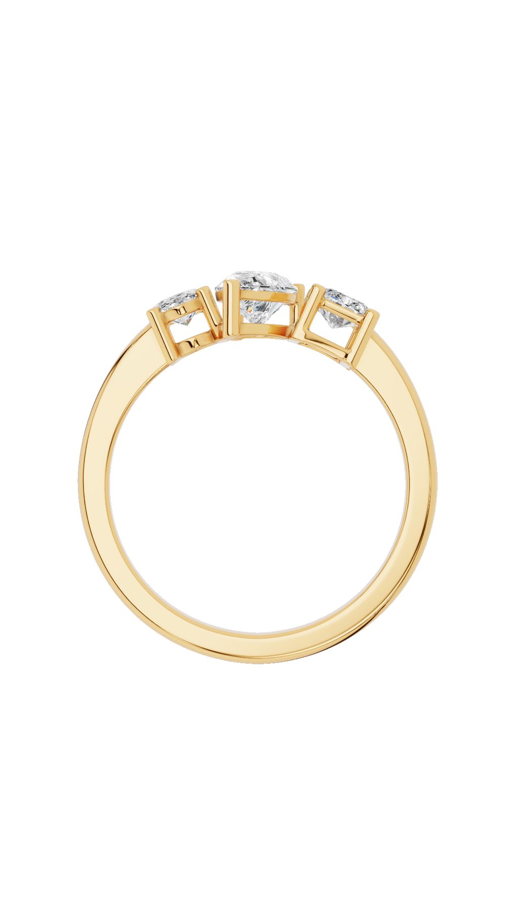 Band view of tri stone wedding ring in 10K yellow gold with oval pear and radiant cut lab grown diamonds
