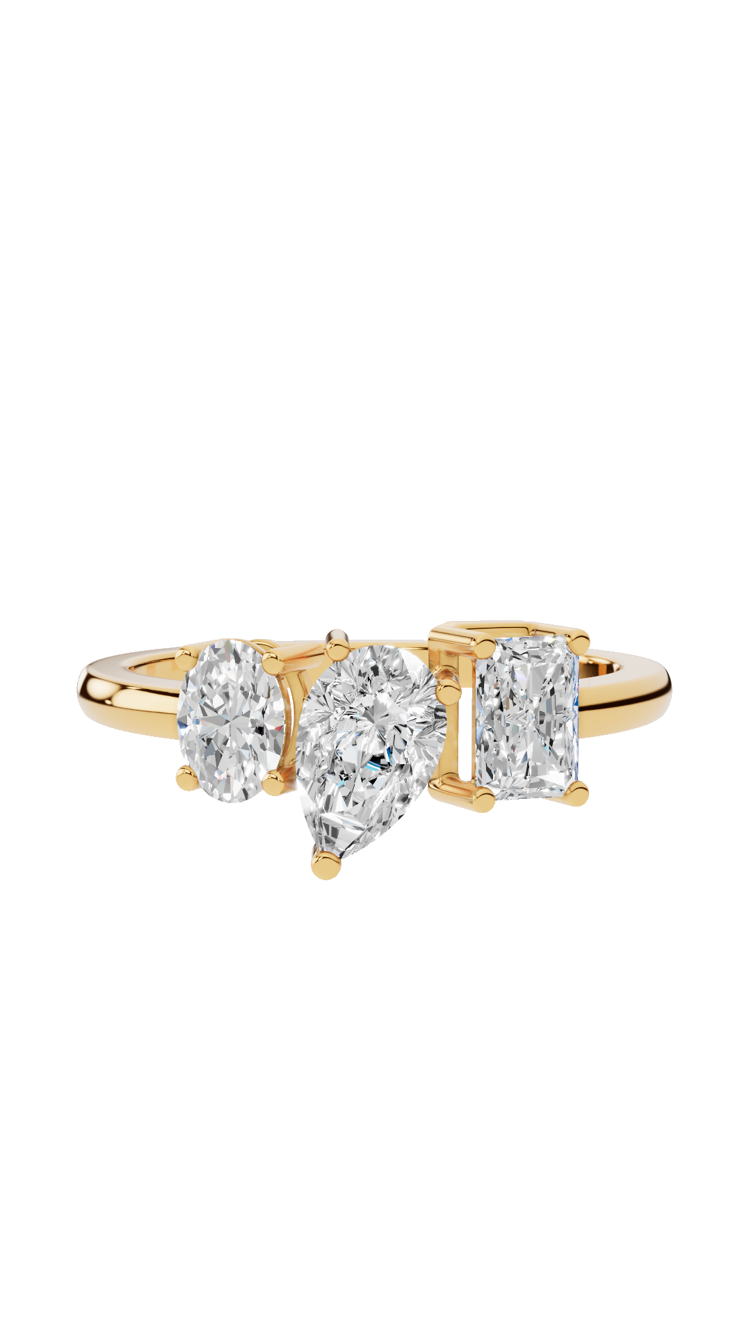 Tri stone wedding ring with oval pear and radiant cut lab grown diamonds in 10K yellow gold 1.24 CTW