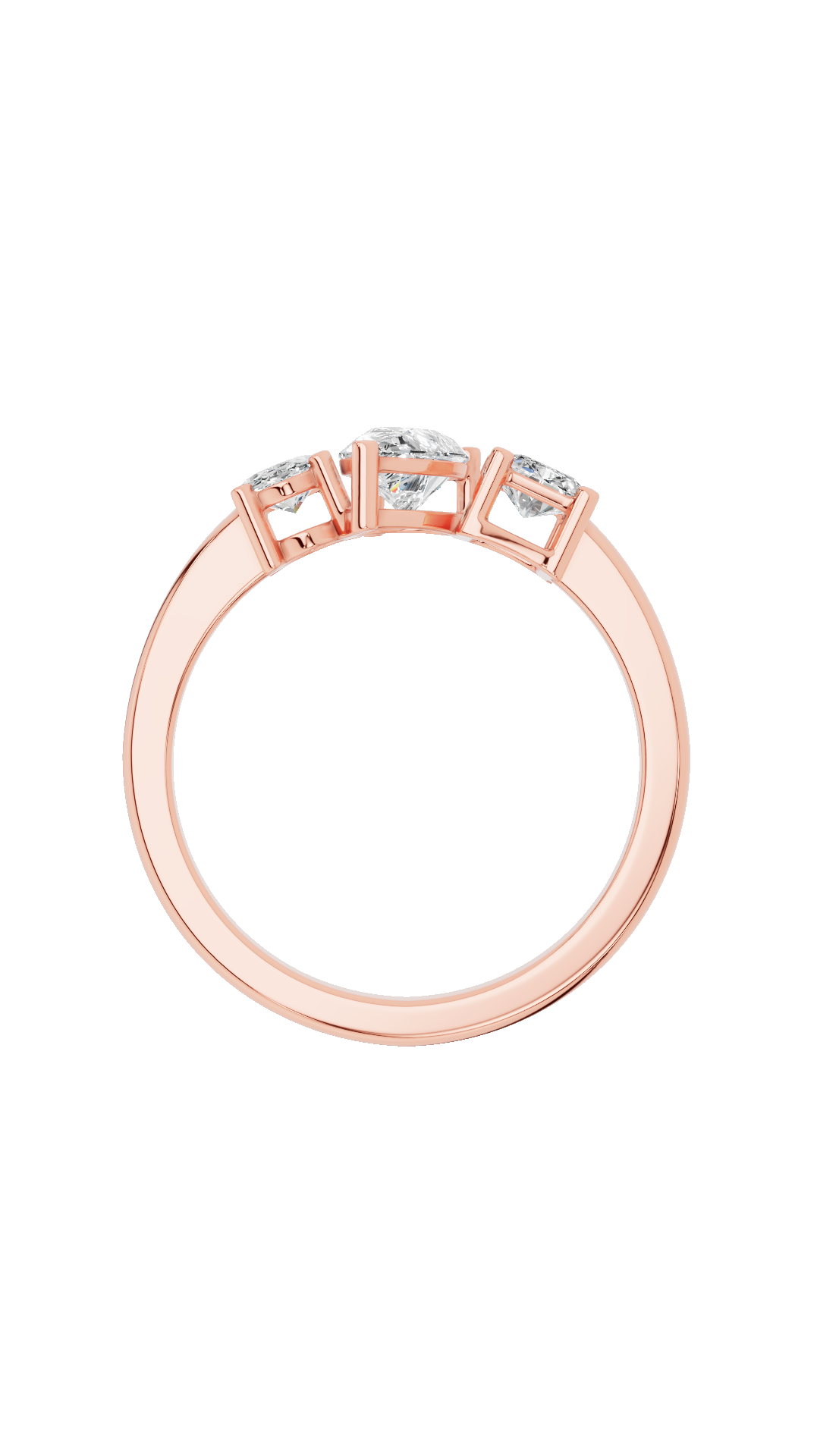Band view of tri stone wedding ring in 14K rose gold with oval pear and radiant cut lab grown diamonds