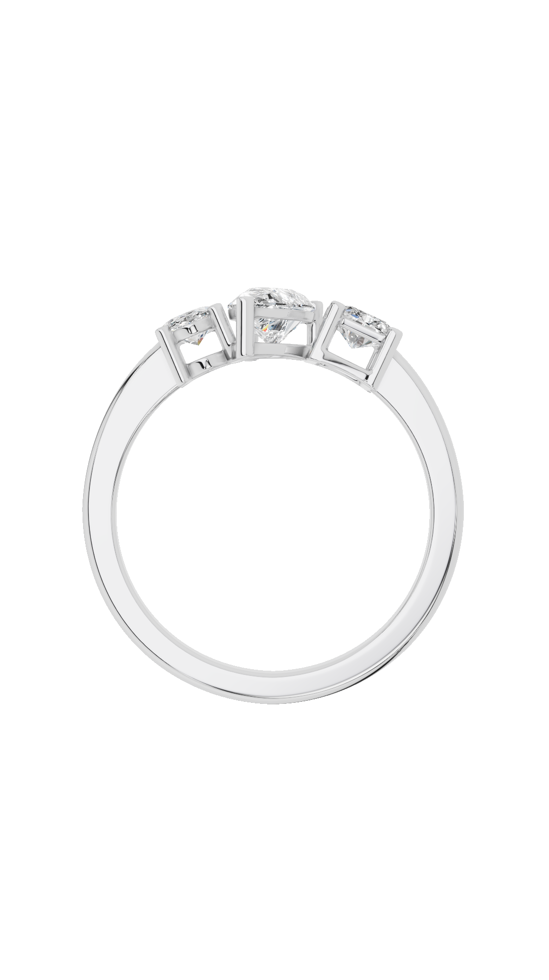 Band view of tri stone wedding ring in 14K white gold with oval pear and radiant cut lab grown diamonds
