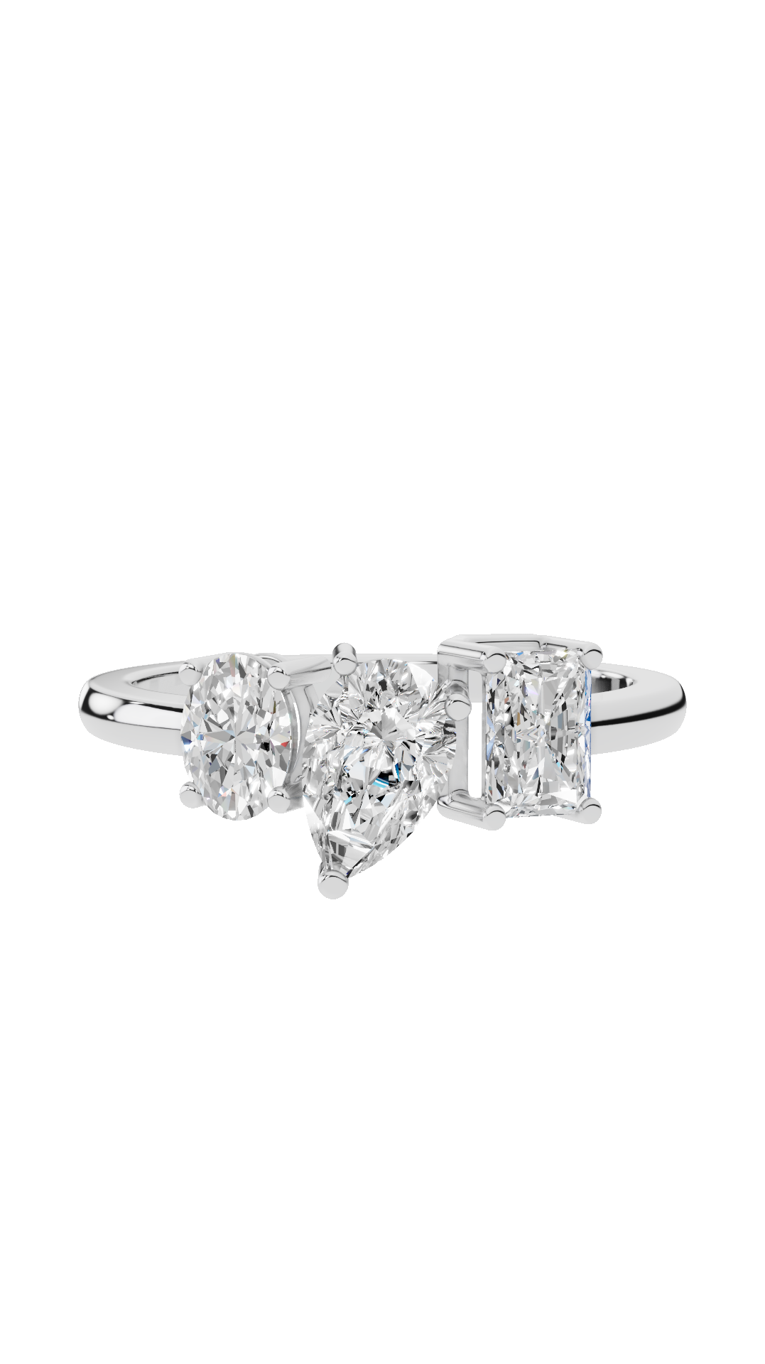 Tri stone wedding ring with oval pear and radiant cut lab grown diamonds in 14K white gold 1.24 CTW