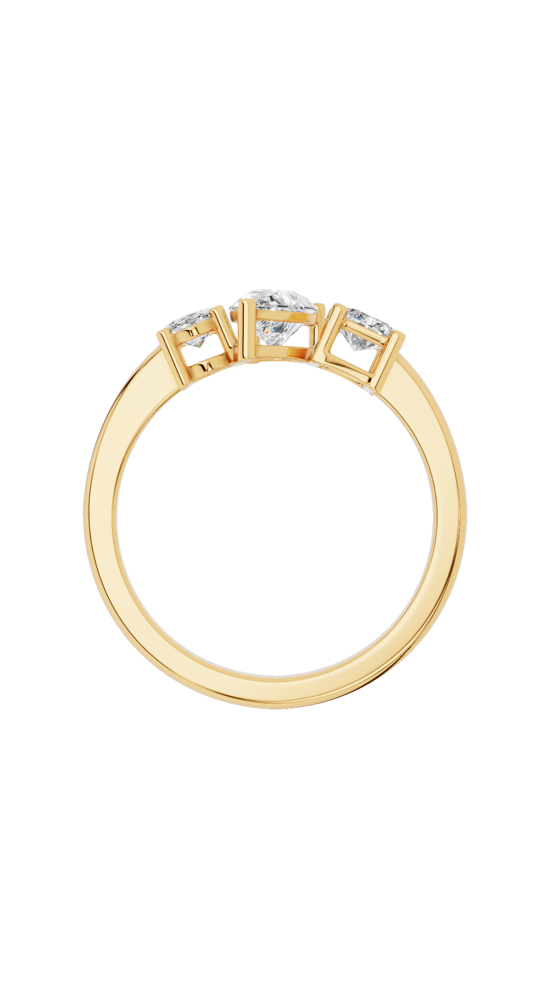 Band view of tri stone wedding ring in 14K yellow gold with oval pear and radiant cut lab grown diamonds
