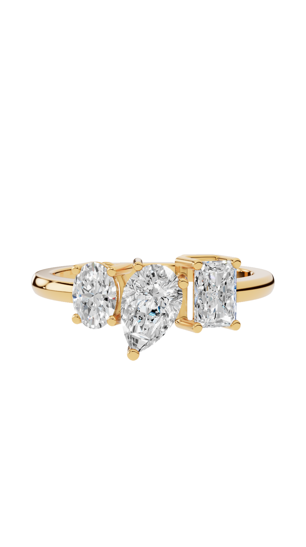 Tri stone wedding ring with oval pear and radiant cut lab grown diamonds in 14K yellow gold 1.24 CTW