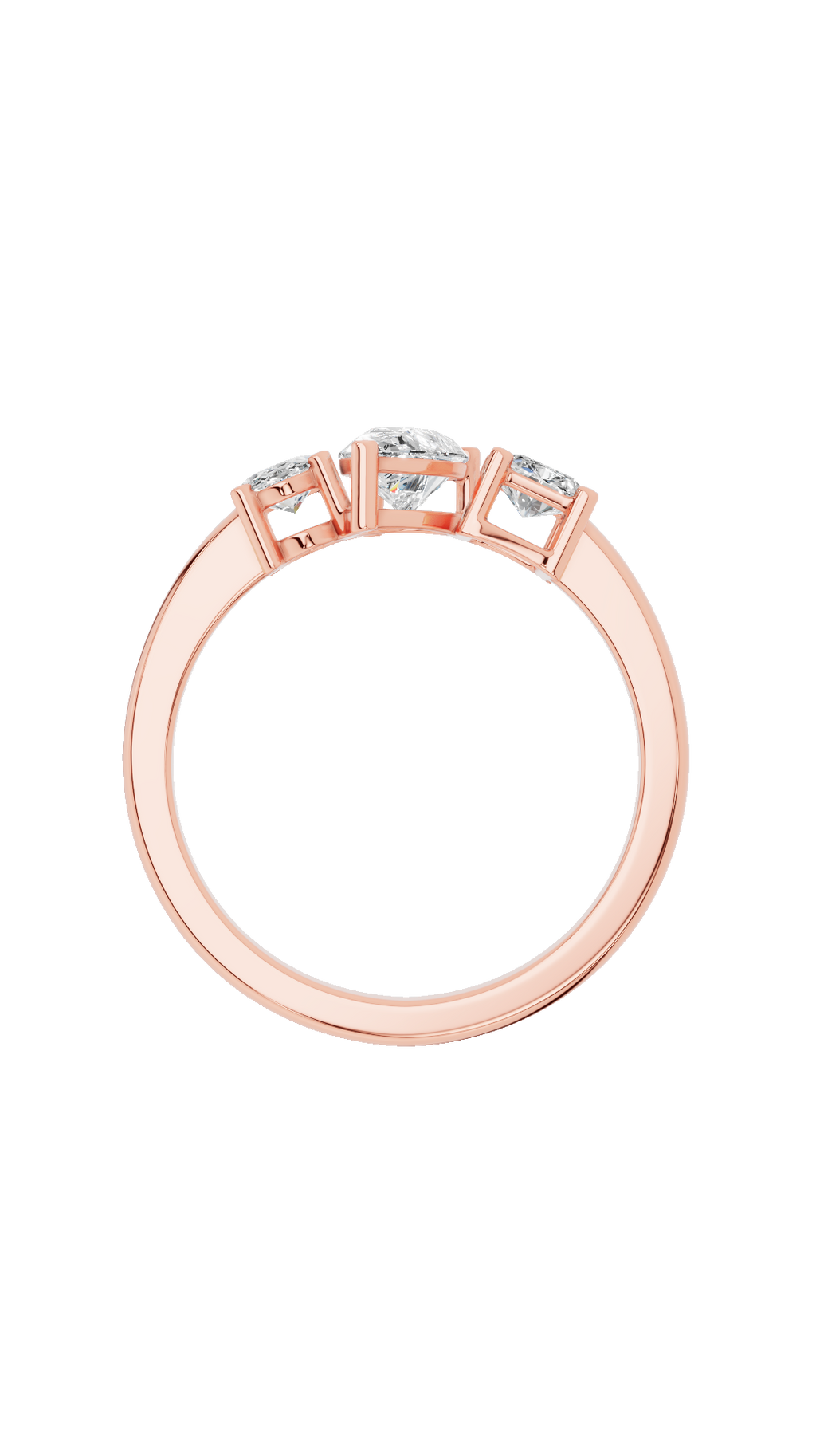 Band view of tri stone wedding ring in 18K rose gold with oval pear and radiant cut lab grown diamonds