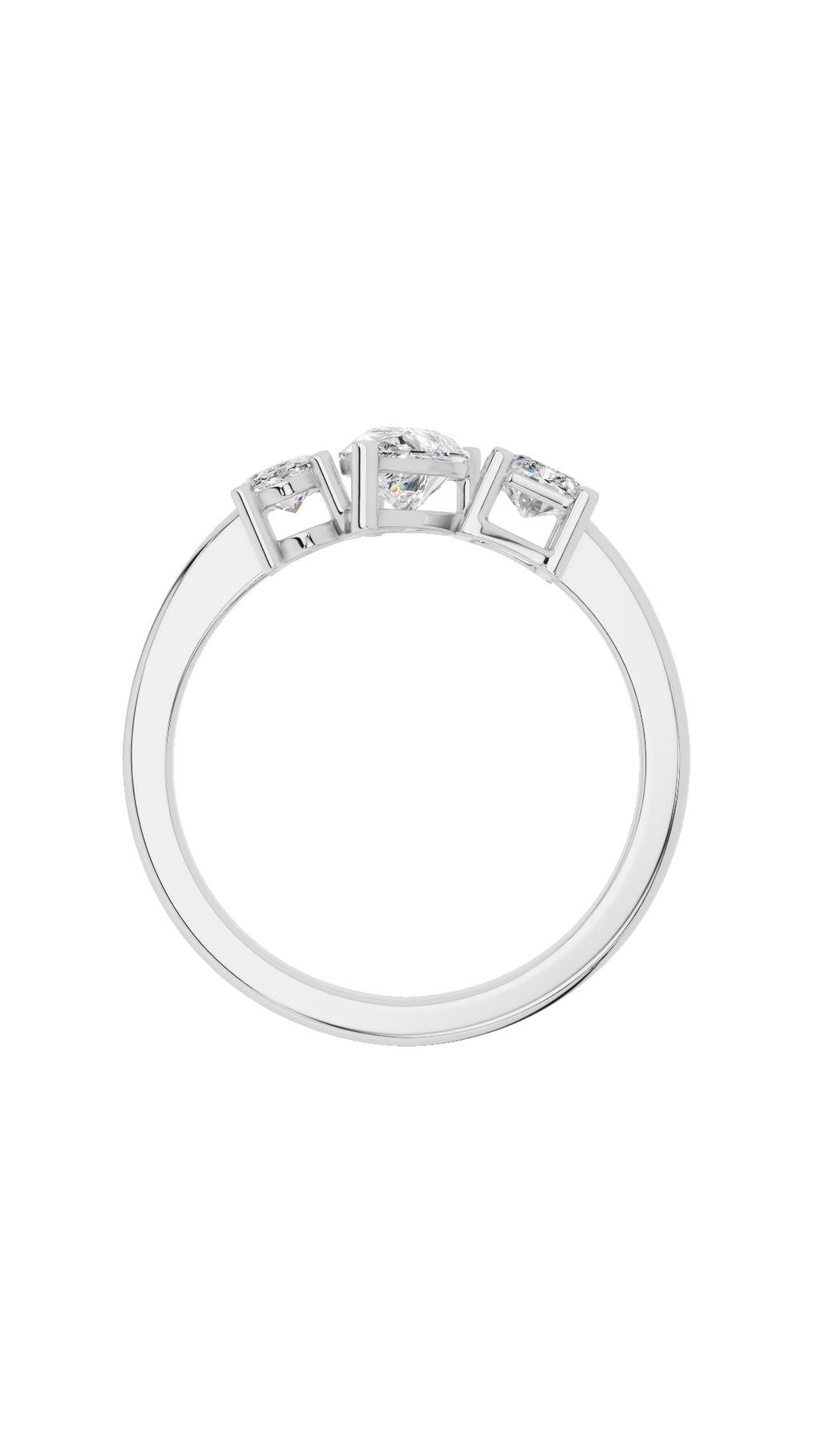 Band view of tri stone wedding ring in 18K white gold with oval pear and radiant cut lab grown diamonds