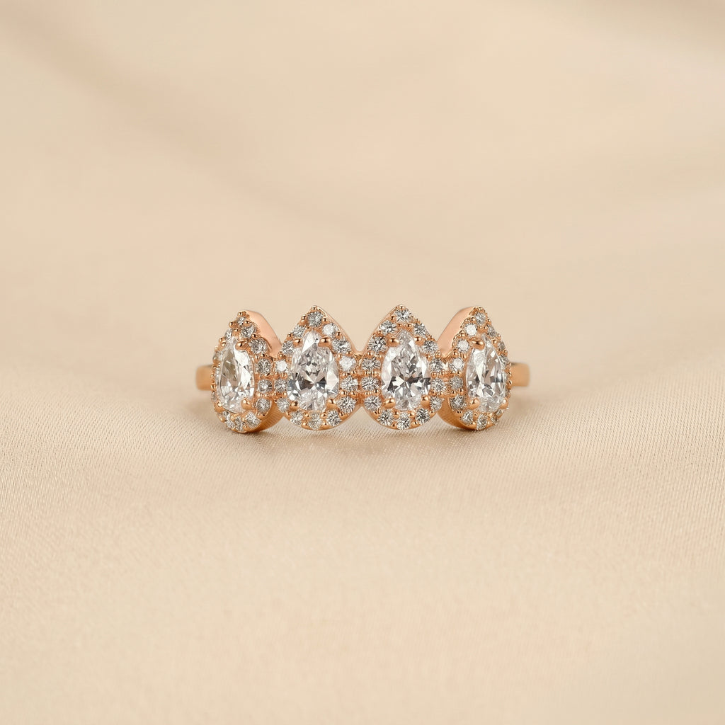 Four Stone Halo Pear Lab Grown Diamond Cluster Ring in 10K Rose Gold 0.89 CTW