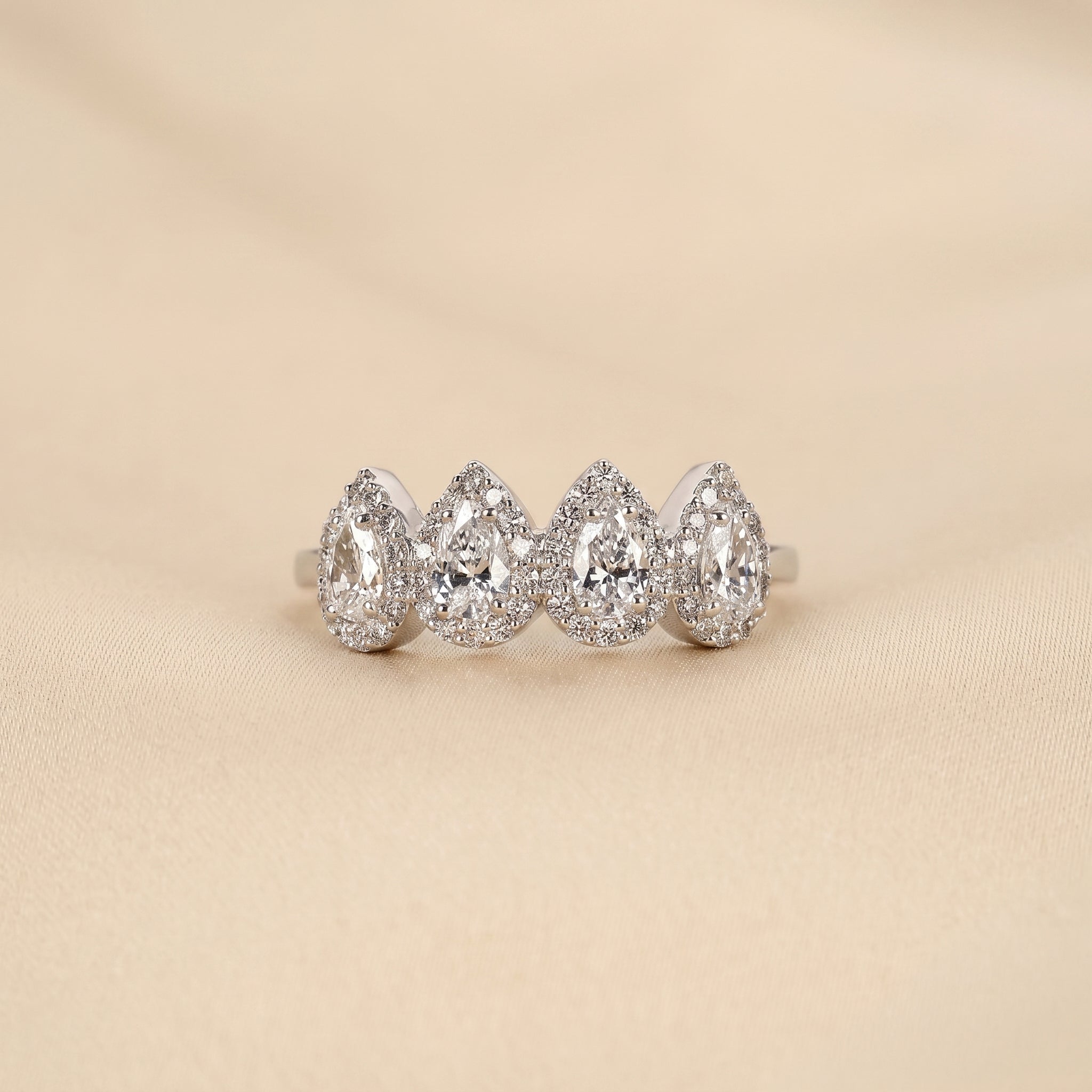 Four Stone Halo Pear Lab Grown Diamond Cluster Ring in 10K White Gold 0.89 CTW