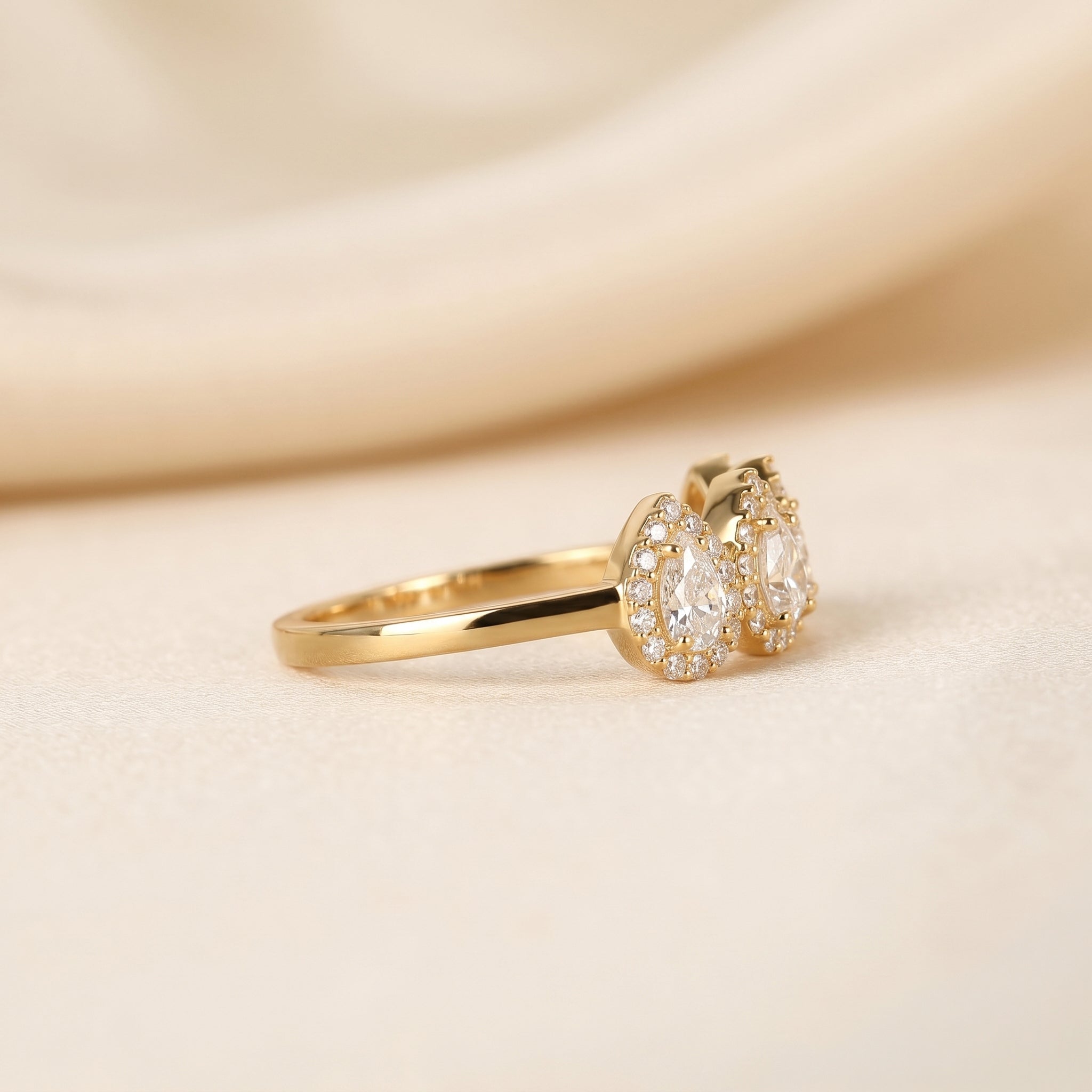 Four Stone Halo Pear Lab Grown Diamond Cluster Ring in 14K Yellow Gold 0.89 CTW