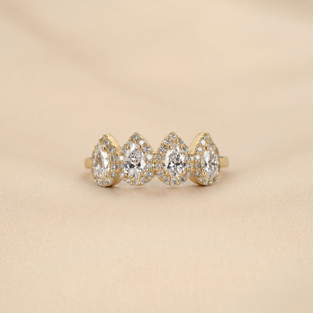 Four Stone Halo Pear Lab Grown Diamond Cluster Ring in 14K Yellow Gold 0.89 CTW